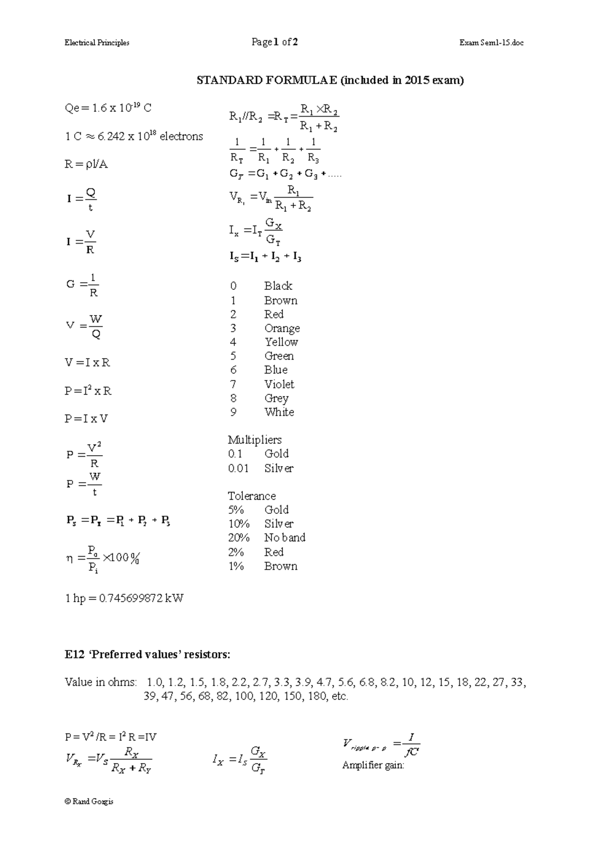 Standard Formulae-exam 15 - Electrical Principles Page 1 of 2 Exam Sem1 ...
