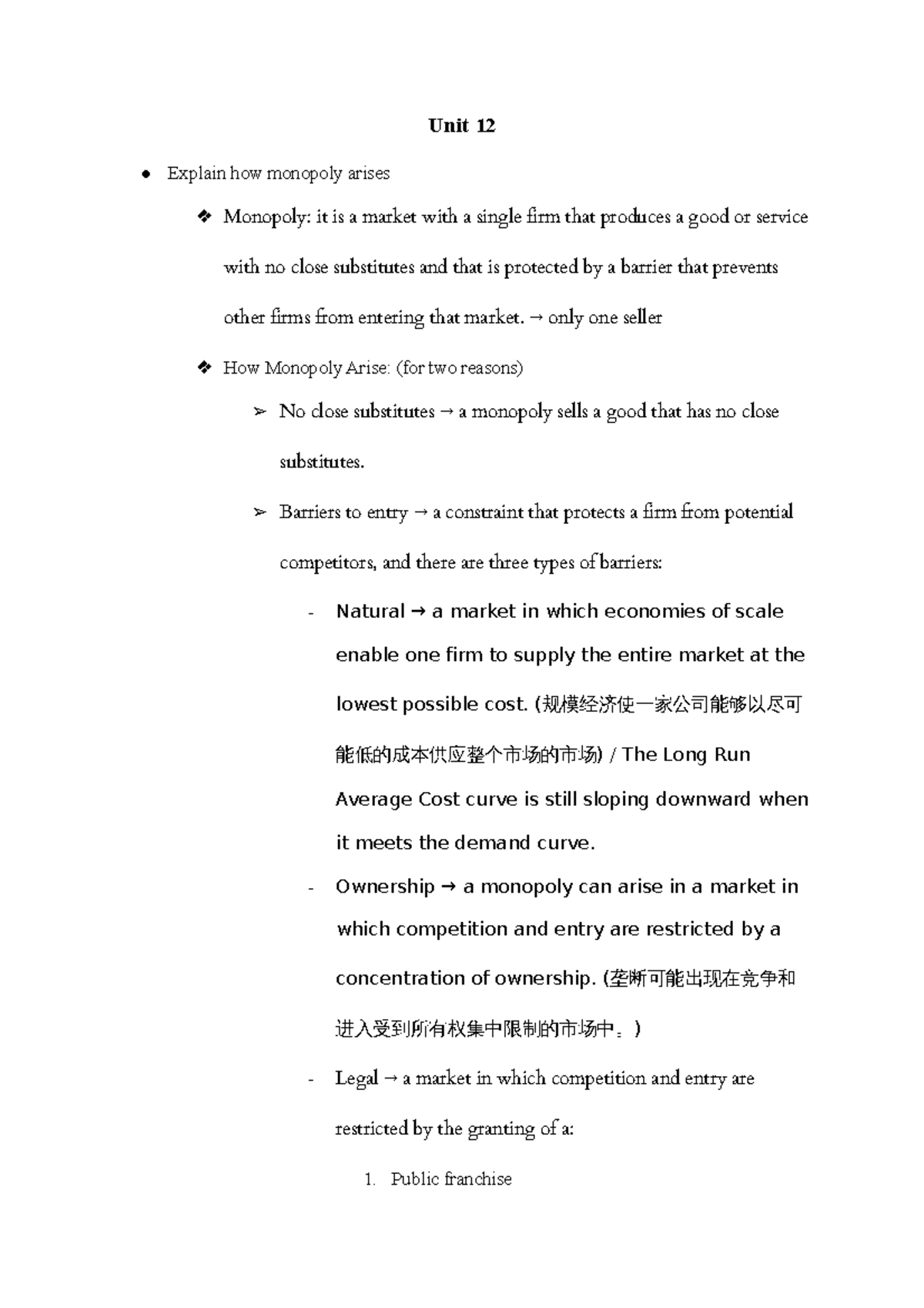 Chapter 12 - note - Unit 12 Explain how monopoly arises Monopoly: it is ...