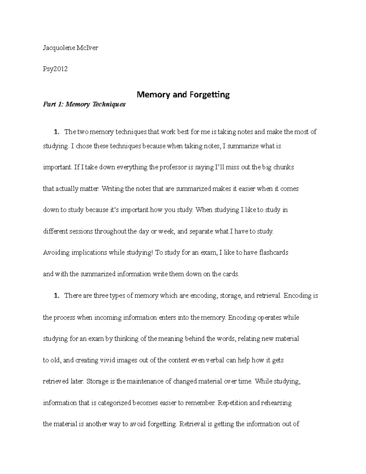 Memory and Forgetting - Notes - Jacquolene McIver Psy Part 1: Memory ...