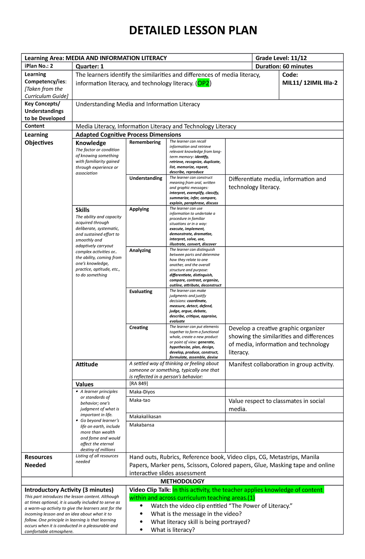 MILQ1 LC2 - MIL - DETAILED LESSON PLAN Learning Area: MEDIA AND ...