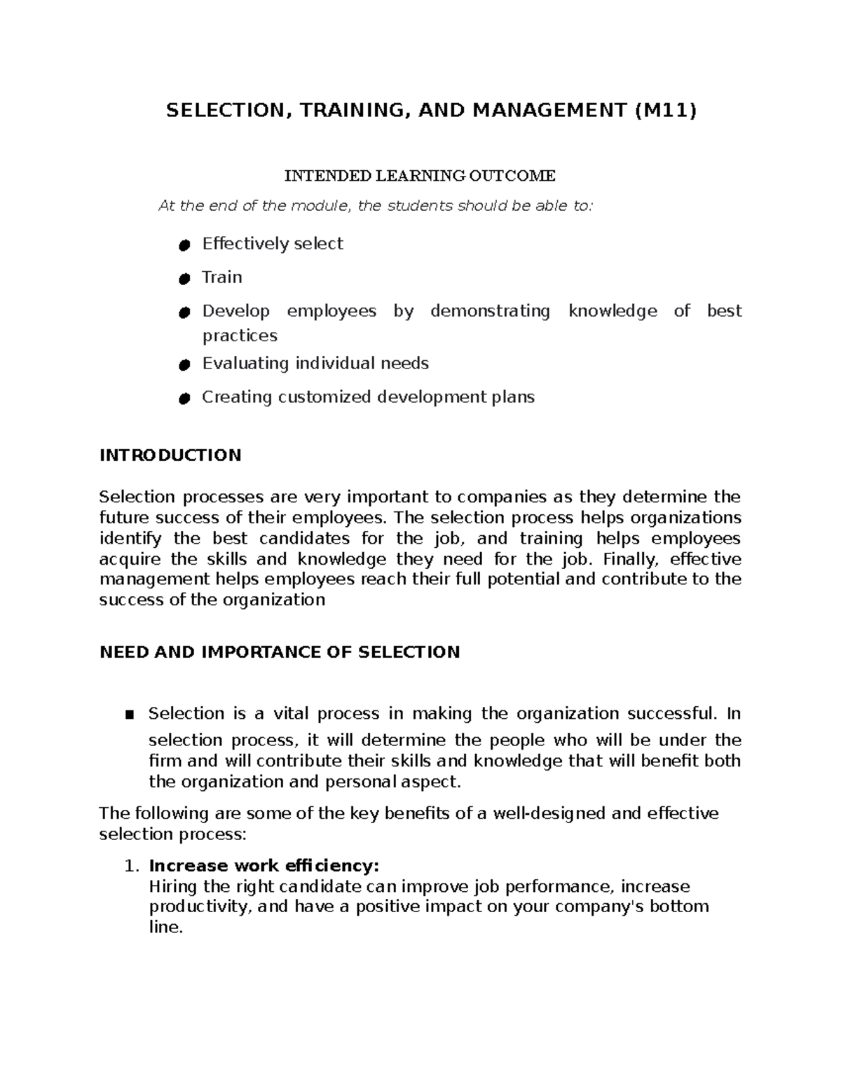 Selection Training AND Development - SELECTION, TRAINING, AND ...