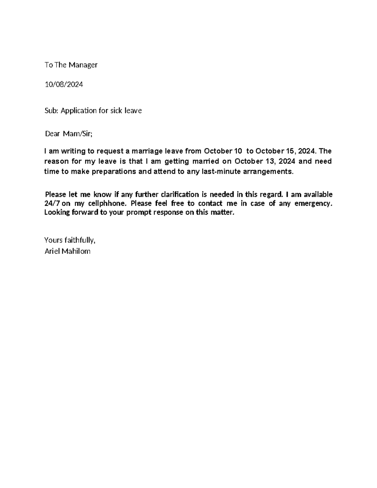 Sick Leave letter Application Example - To The Manager 10 /0 8 / 2024 ...