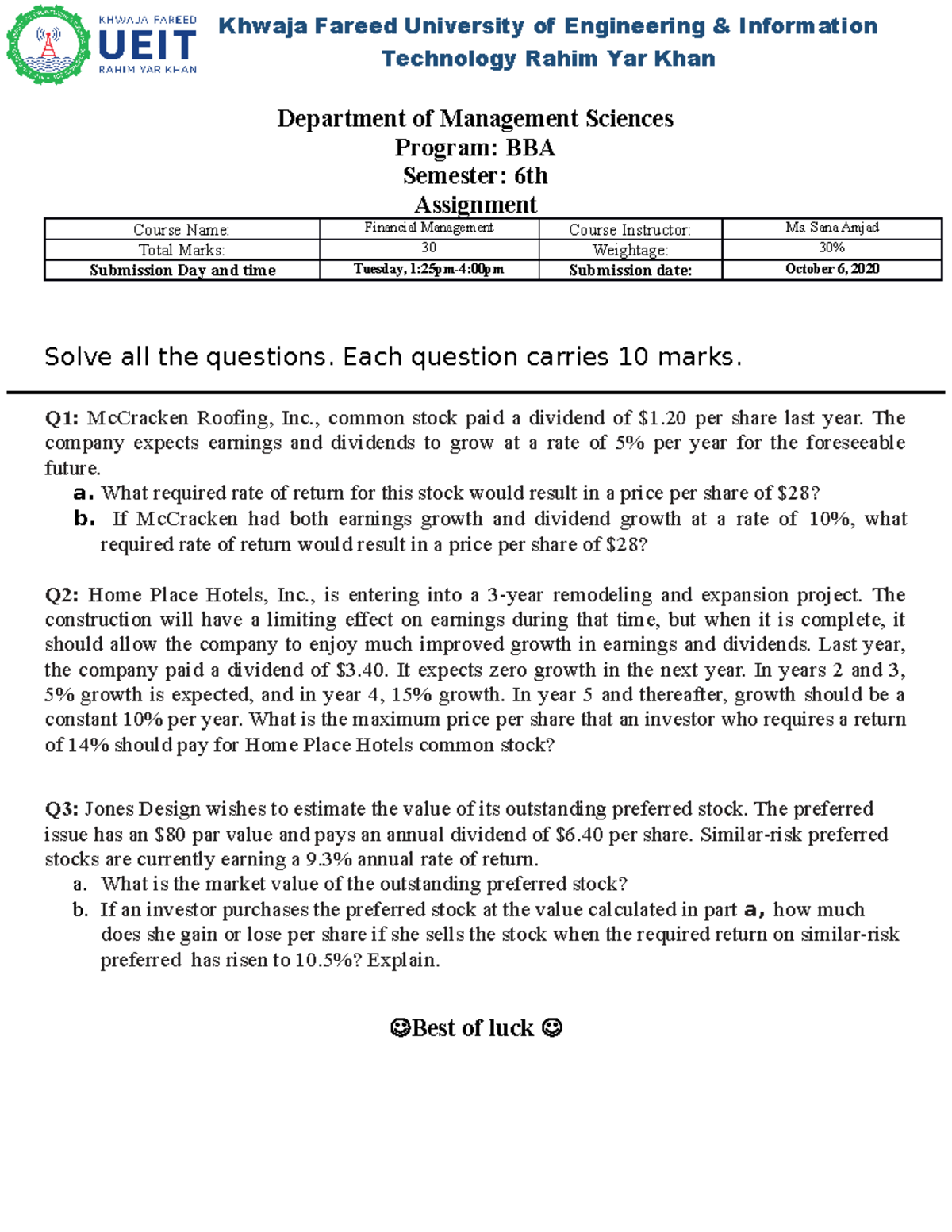 stock valuation assignment