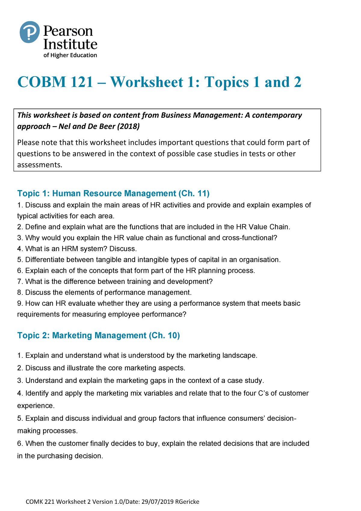 COBM 121 Worksheet 1 Topics 1 2 - COMK 221 Worksheet 2 Version 1/Date ...