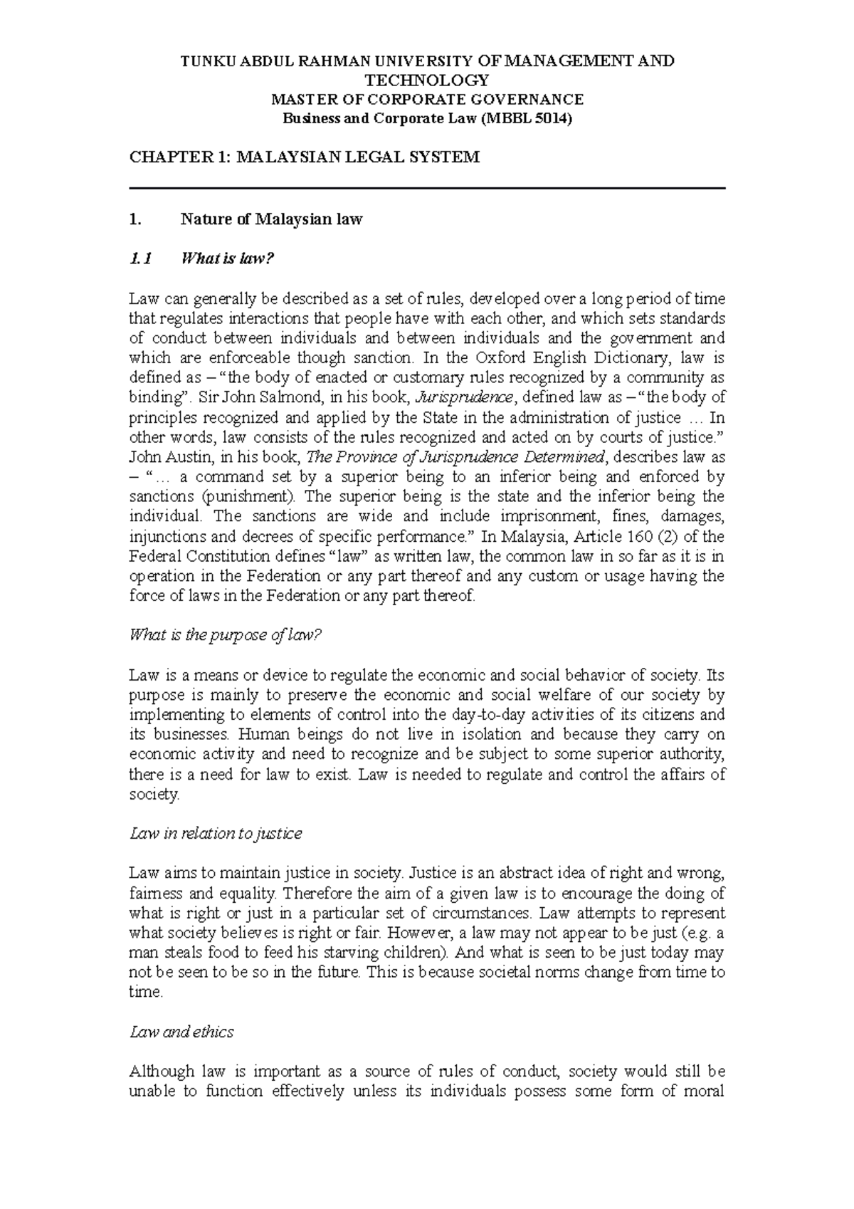 Business Corporate Law Chapter 1 Tunku Abdul Rahman University Of