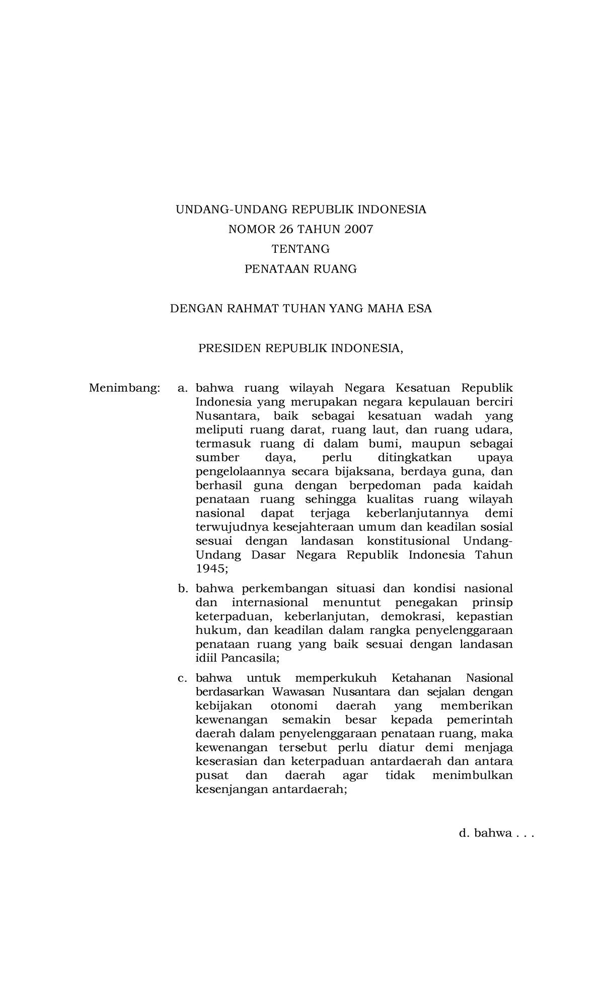 UU No26 2007 - UNDANG-UNDANG REPUBLIK INDONESIA NOMOR 26 TAHUN 2007 ...