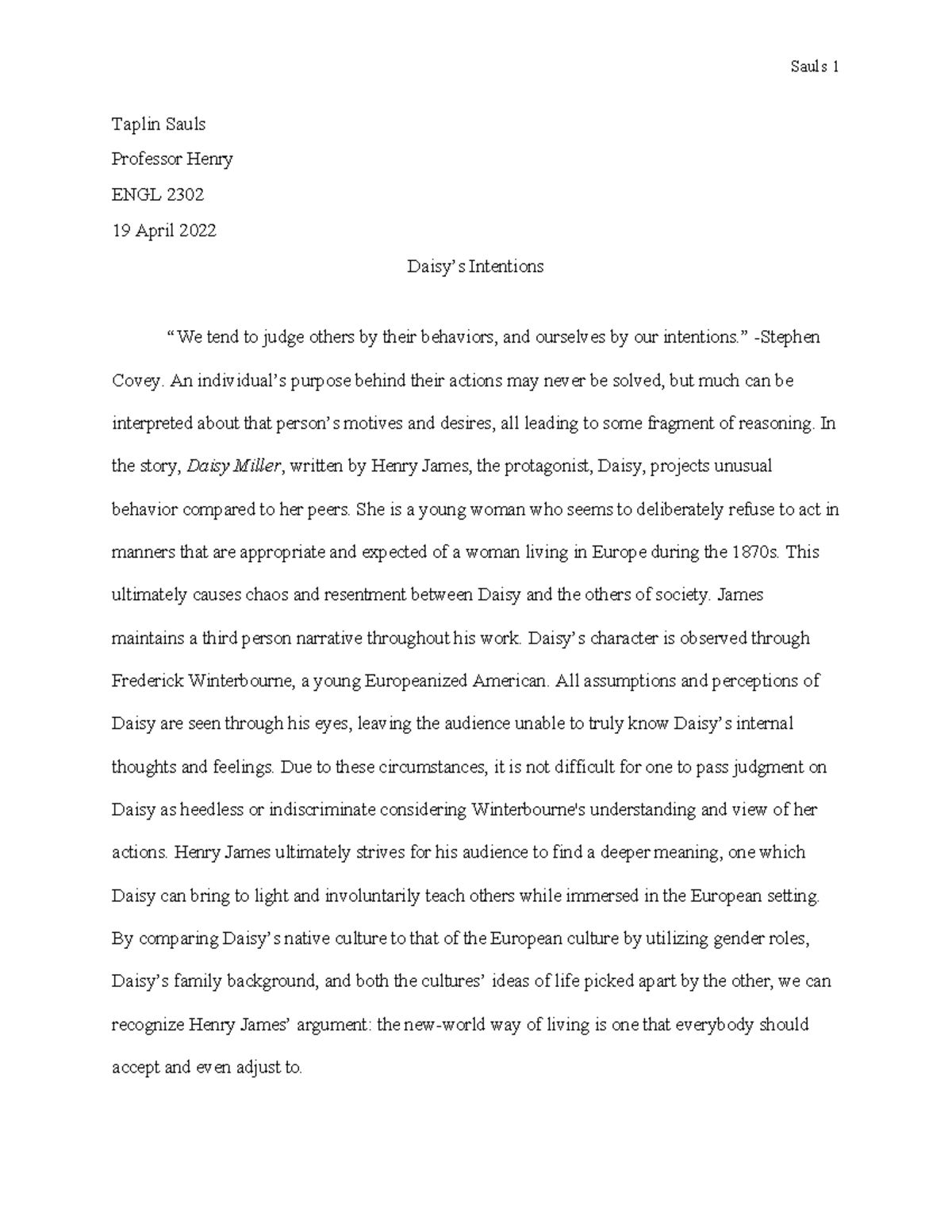 Research Paper Daisy Miller - Taplin Sauls Professor Henry ENGL 2302 19 ...