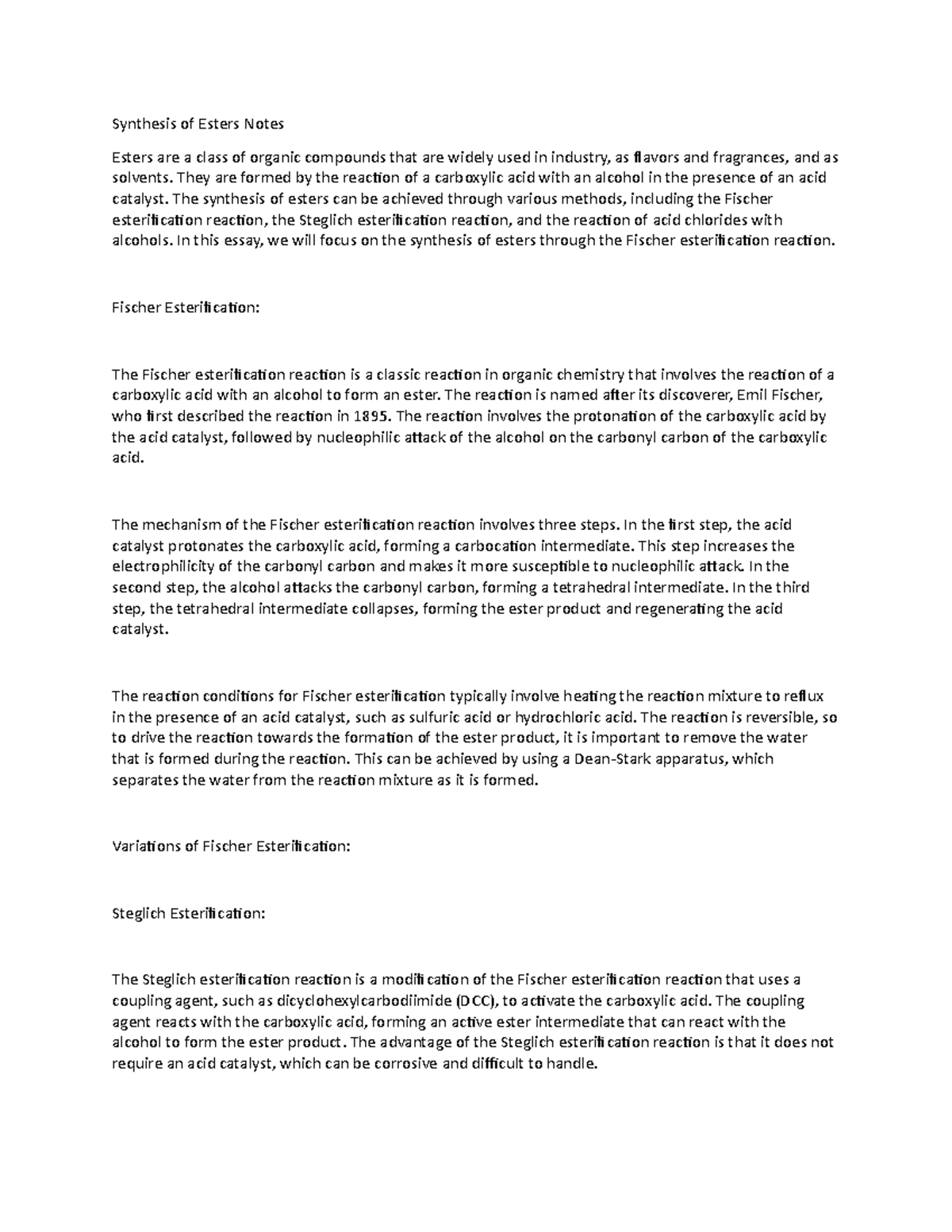 Synthesis of Esters Notes - Synthesis of Esters Notes Esters are a ...