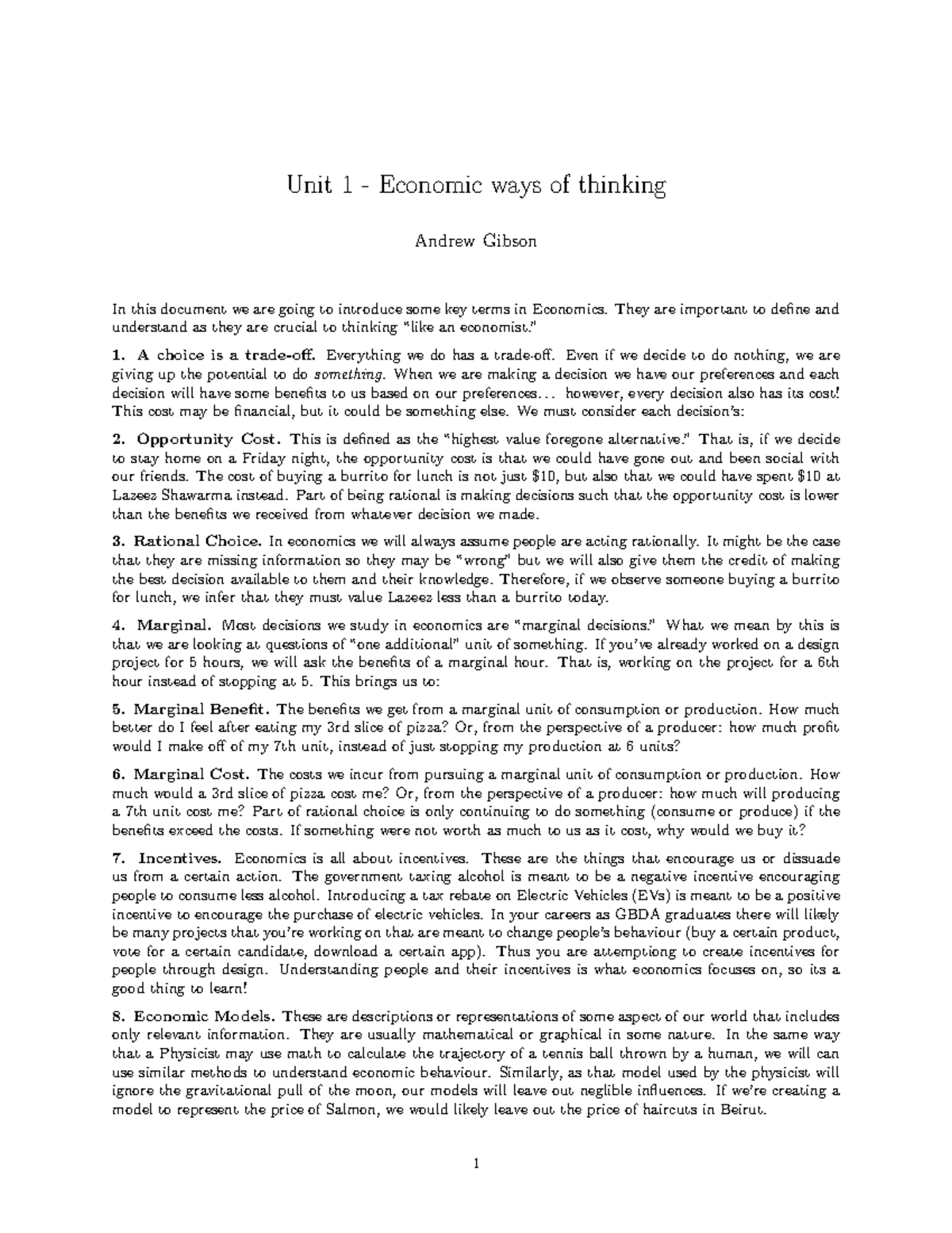 weekly notes for business management Unit 1 Economic ways of