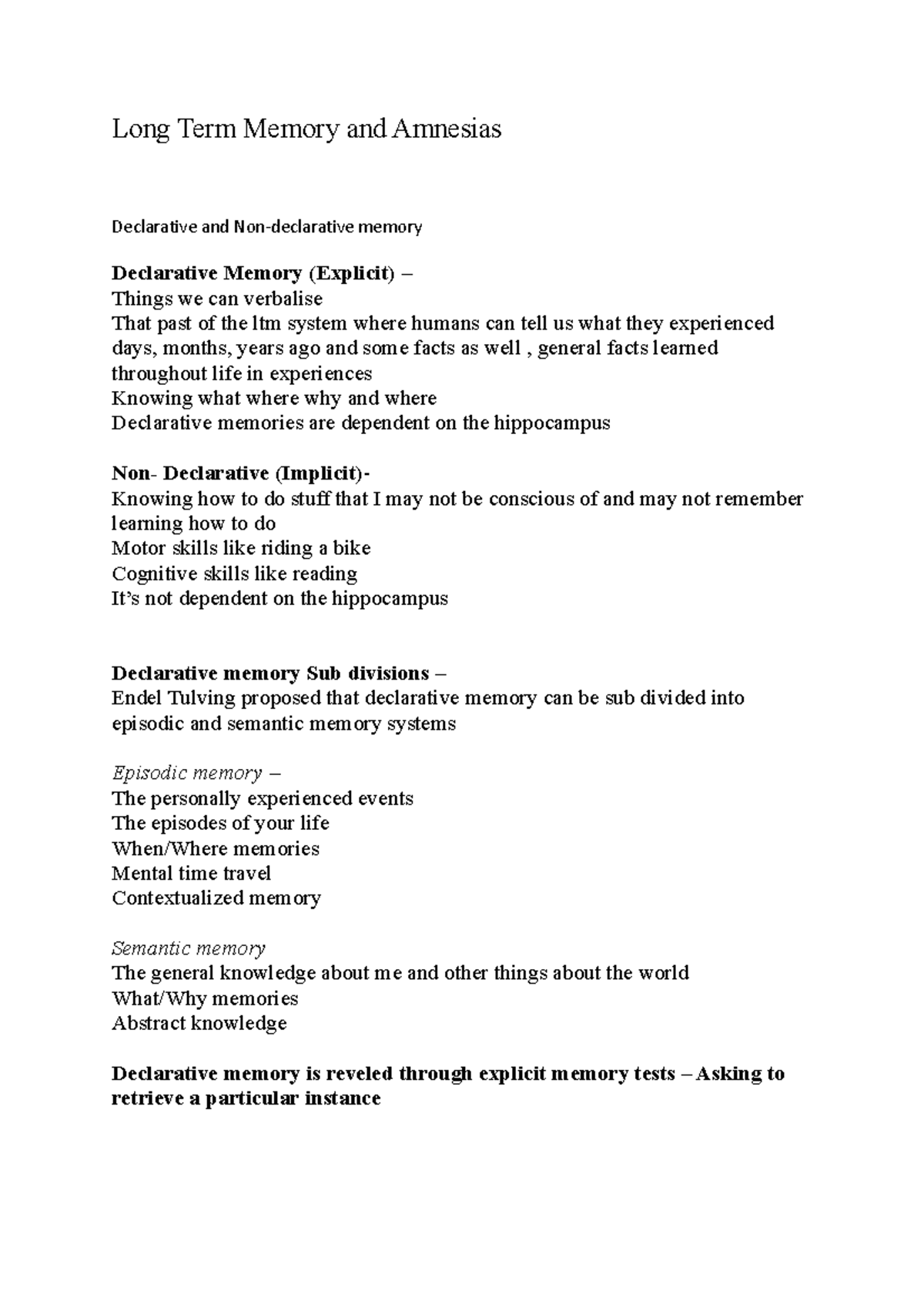 LTM notes MBB1 - Long Term Memory - Long Term Memory and Amnesias ...
