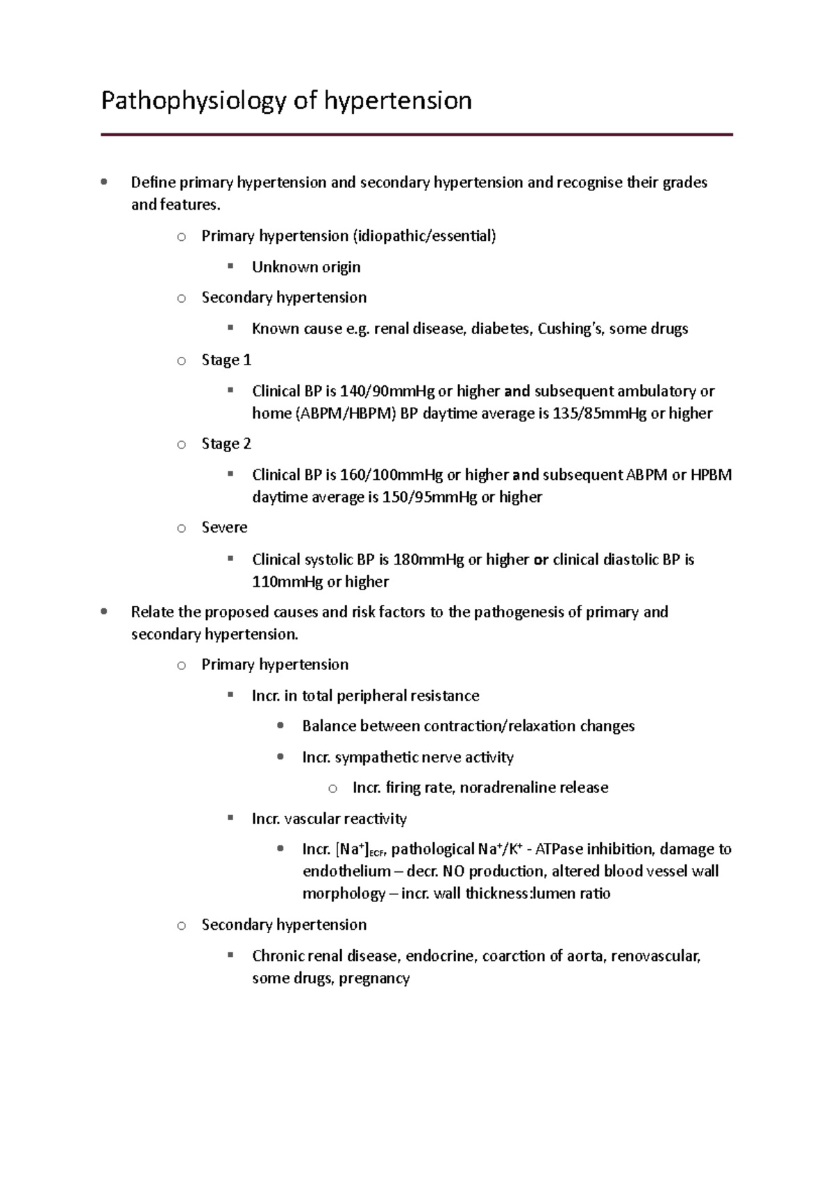 Intro To Hypertension Notes Pathophysiology Of Hypertension Define