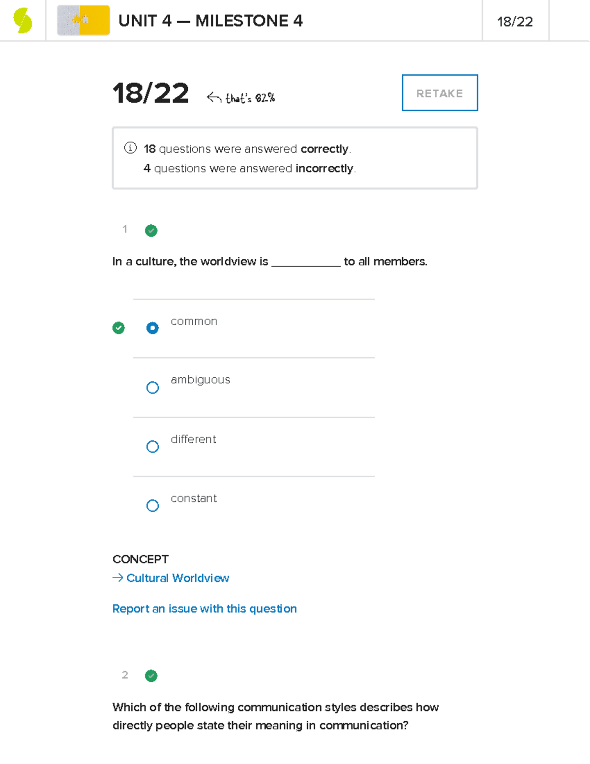 Sophia Milestone 4 - 1 CONCEPT → Cultural Worldview 2 18 / 22 That's 82 ...