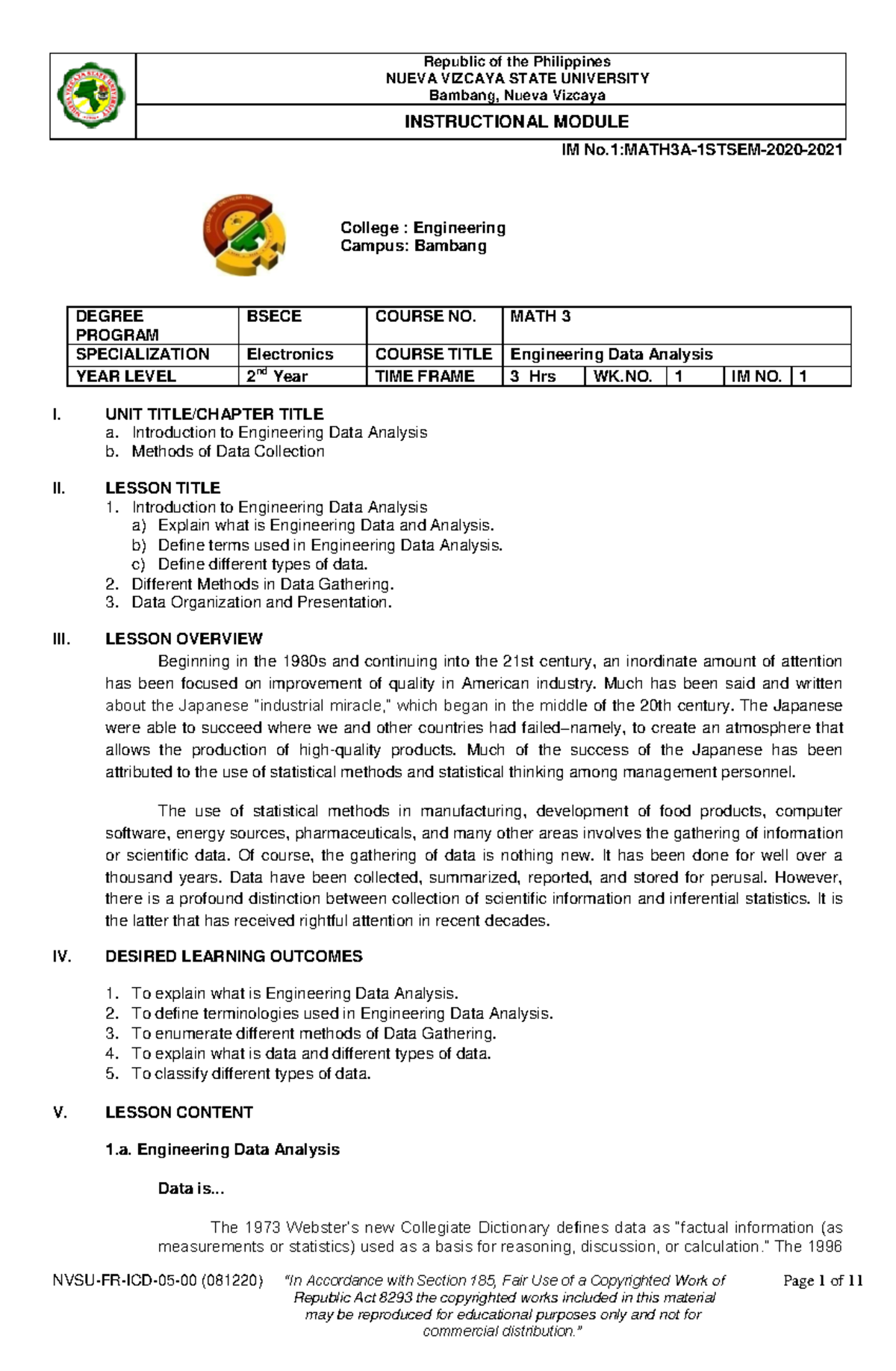 Data Module 1 Ece - Nueva Vizcaya State University Bambang, Nueva 