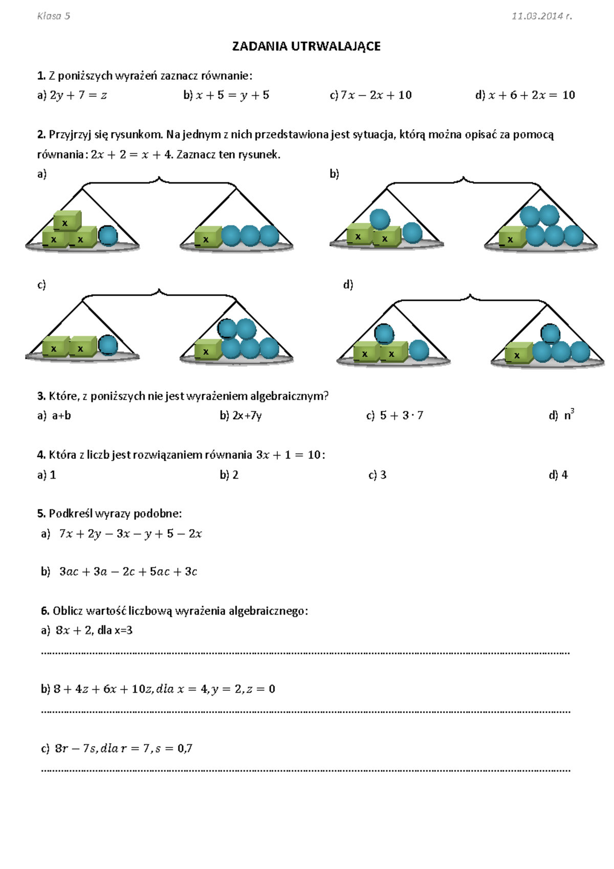 Powtorka wyrażenia algebraiczne klasa 5 - Klasa 5 11.03 r. ZADANIA