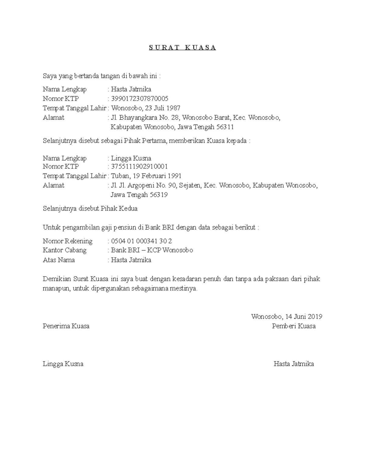 Contoh Surat Kuasa Bank BRI untuk Pengambilan Gaji Pensiun S U R A T