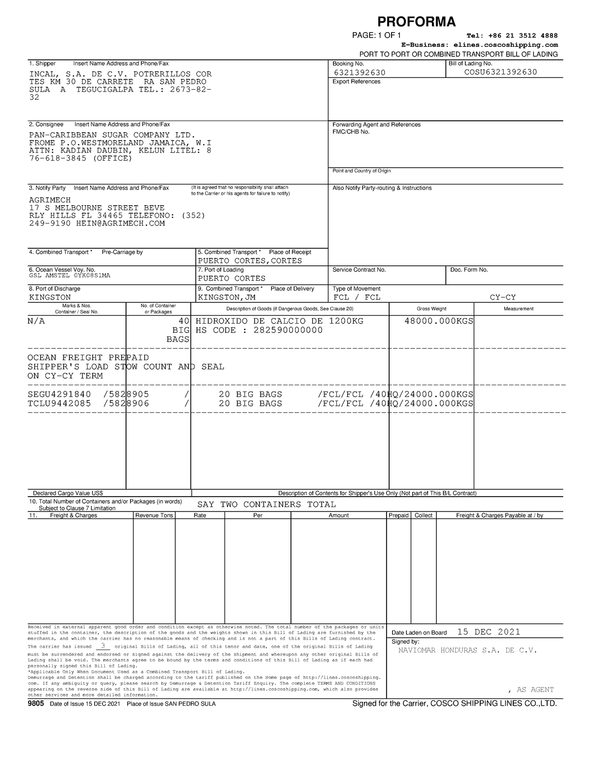 BL Agrimech 42175 - PAN Caribbean - PROFORMA PAGE: 1 OF 1 Tel: +86 21 ...