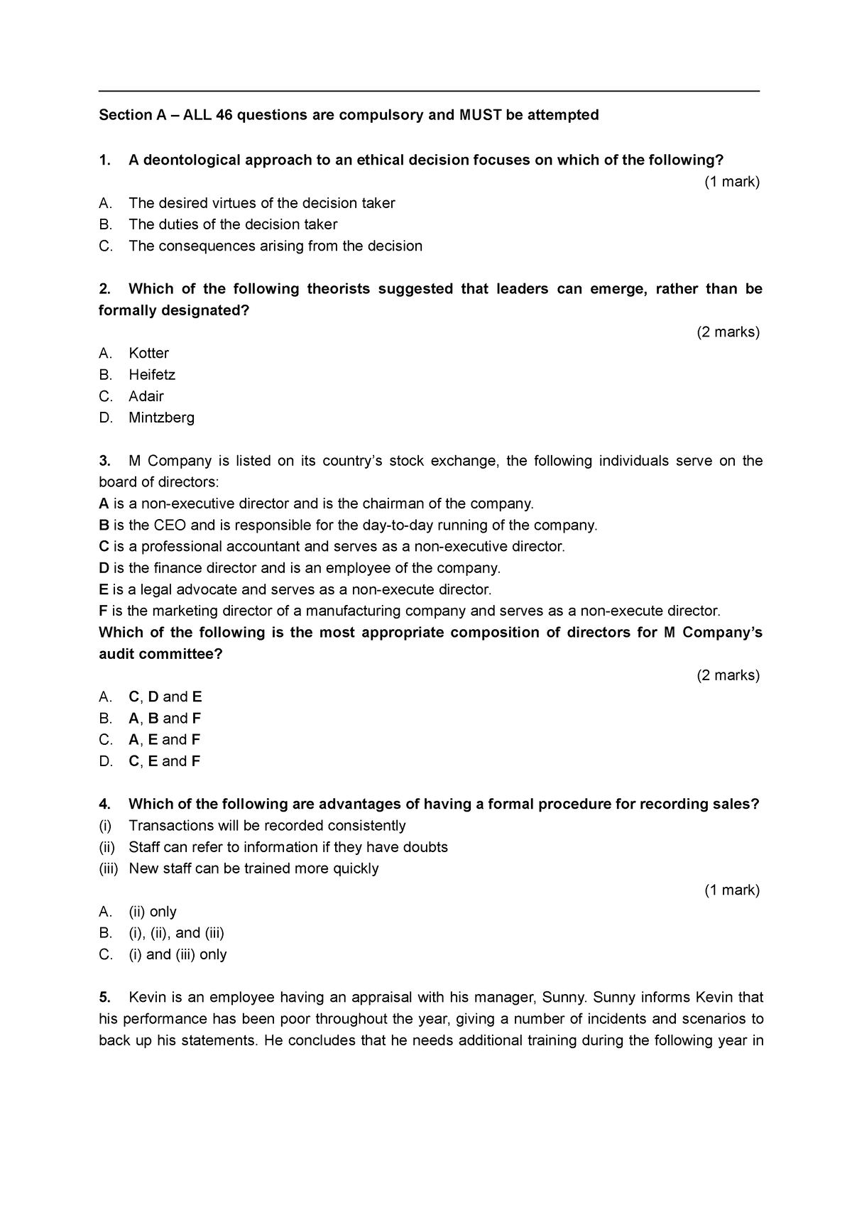 FBT - Mock B - Questions - Try - Section A – ALL 46 Questions Are ...