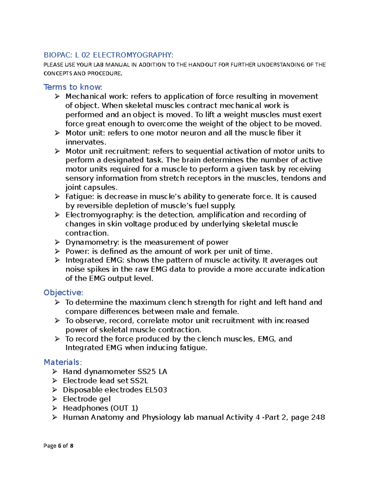 Biopac EMG student fa 23 BIOPAC L 02 ELECTROMYOGRAPHY PLEASE USE