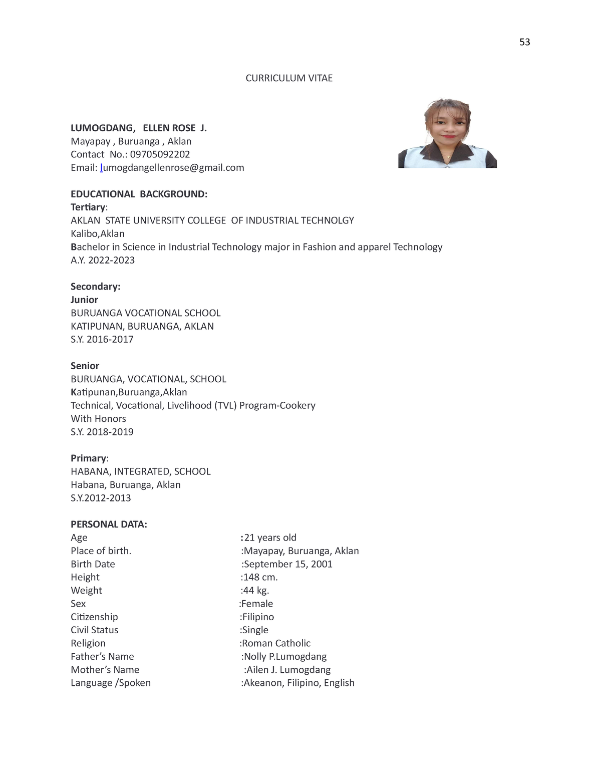 Curriculum Vitae Final - CURRICULUM VITAE LUMOGDANG, ELLEN ROSE J ...