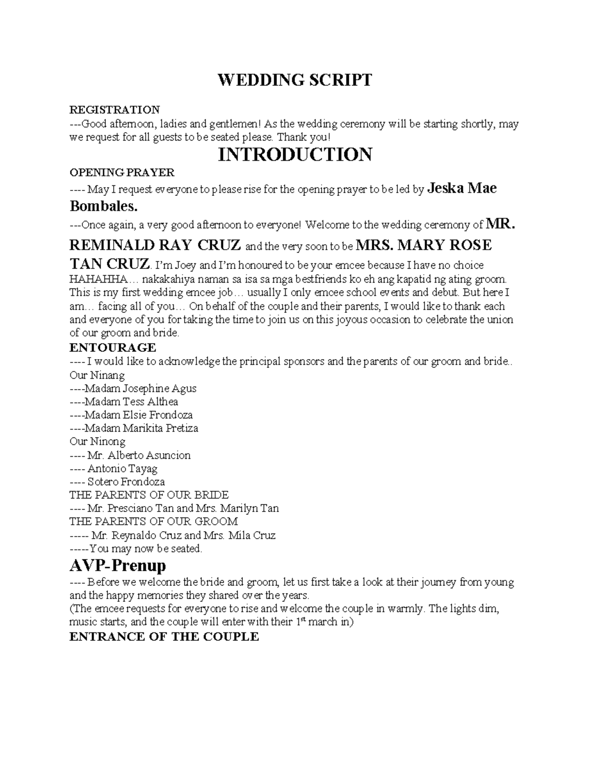 Wedding Sript - WEDDING SCRIPT REGISTRATION -Good afternoon, ladies and ...