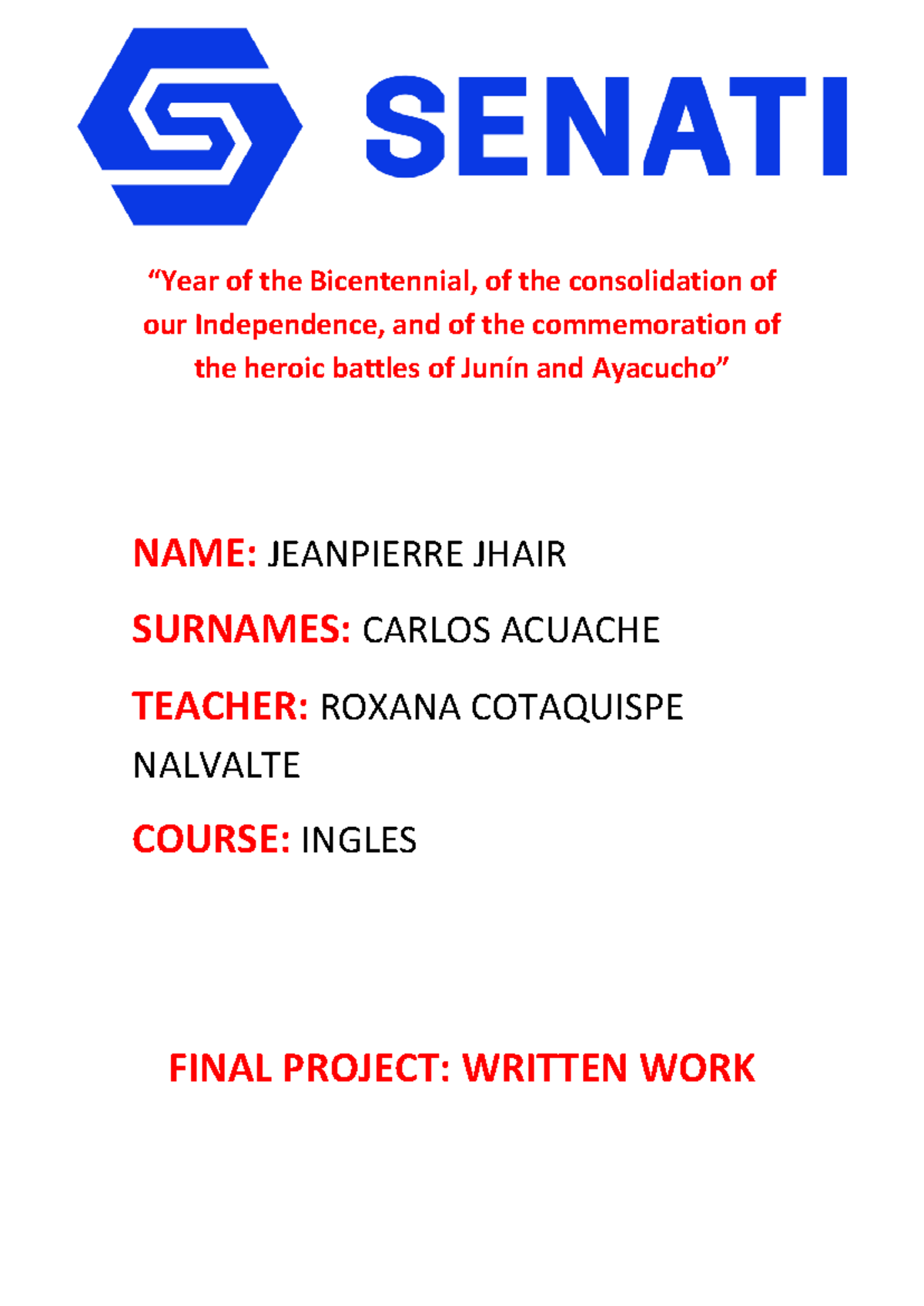 Final+ Project - ayuda - “Year of the Bicentennial, of the ...