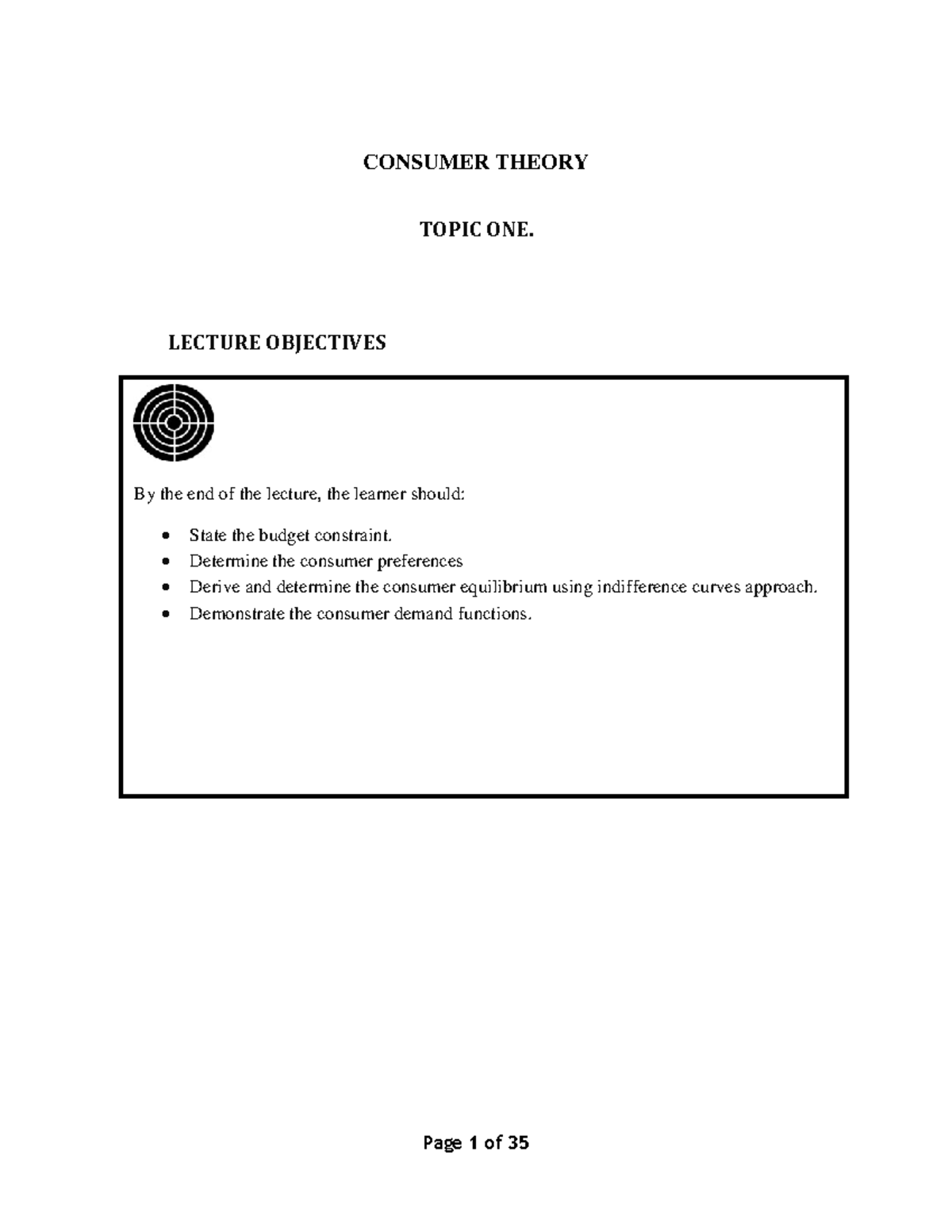 Topic ONE - Consumer Theory - CONSUMER THEORY TOPIC ONE. LECTURE ...