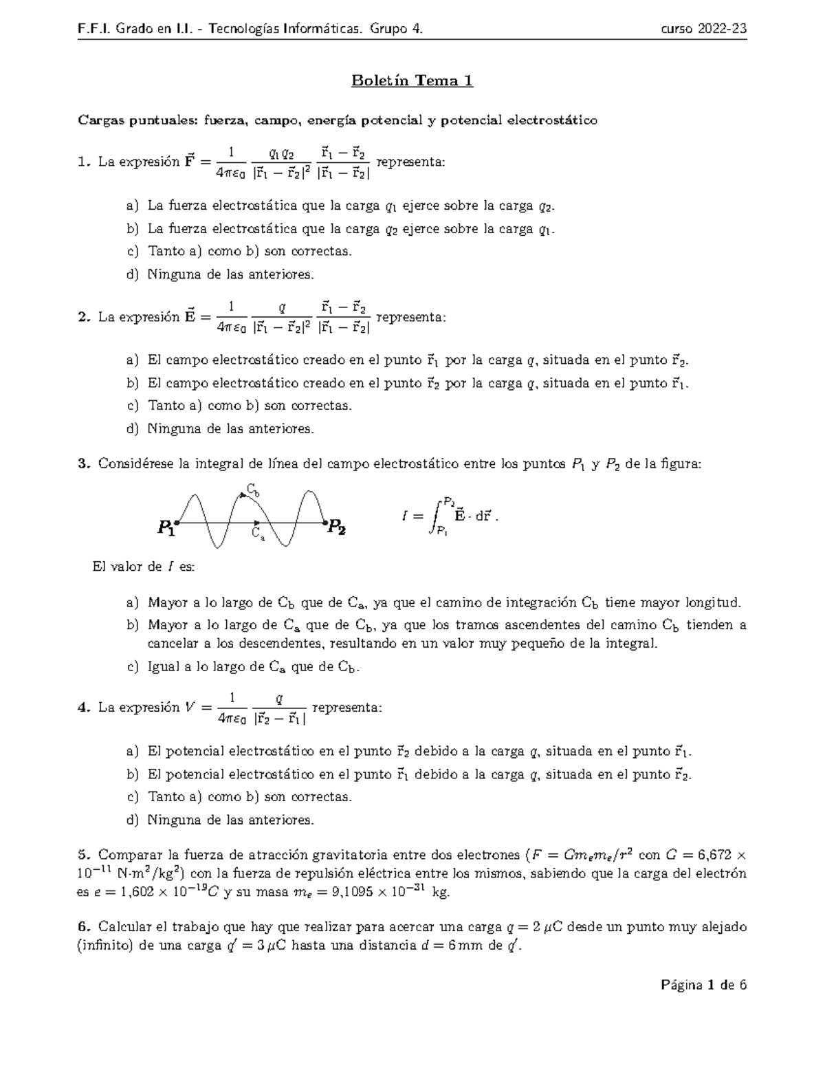 Acts Tema 1 - Ejercicios Del Tema 1 Fisica - Bolet ́ın Tema 1 Cargas ...