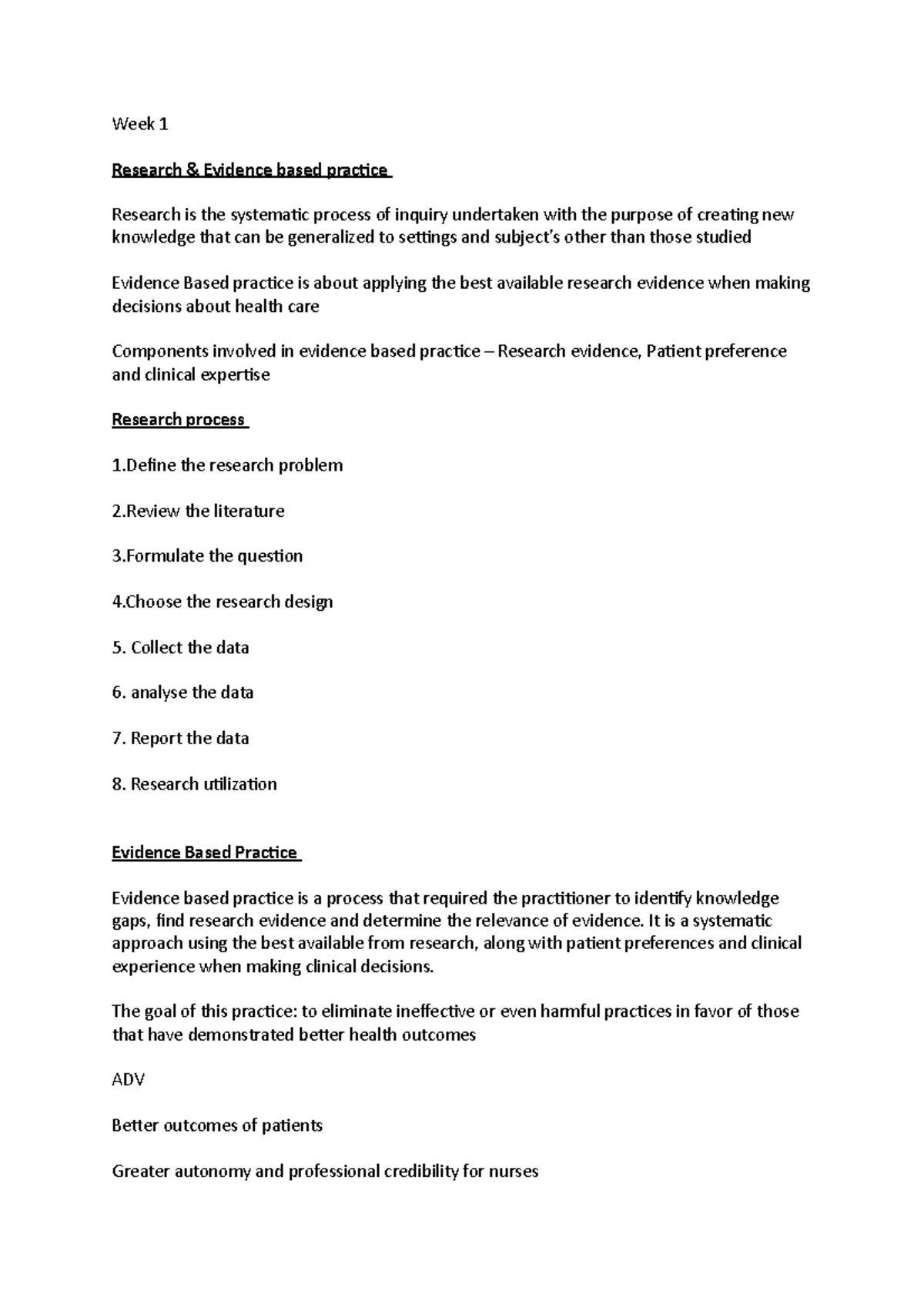 Hnn108 notes - Week 1 Research & Evidence based practice Research is ...