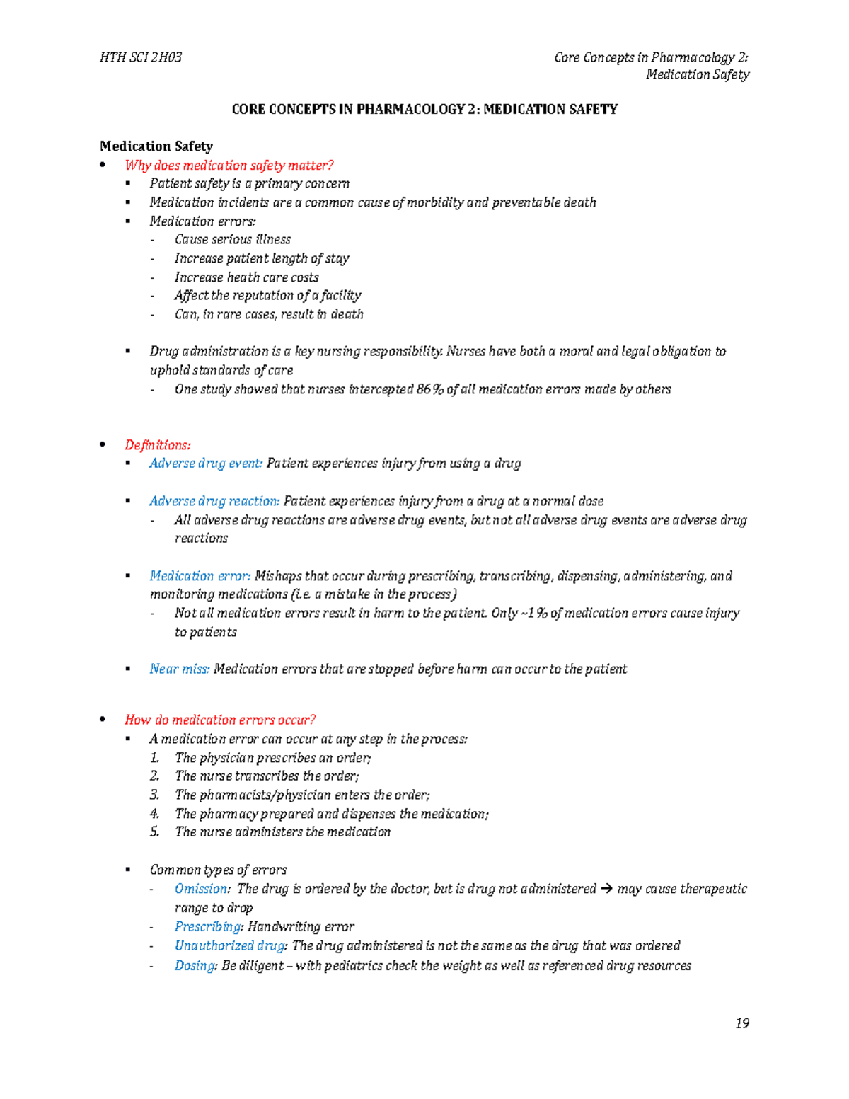 Lecture Notes, Lecture 2, Medication Safety HTH SCI 2H03 Core