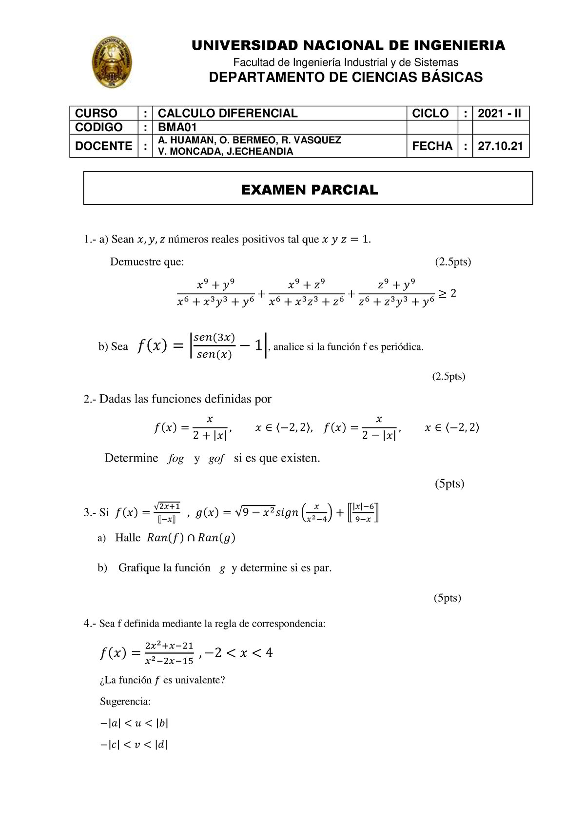 Examen Parcial DE Calculo Diferencial (27 De Octubre 2021 ...