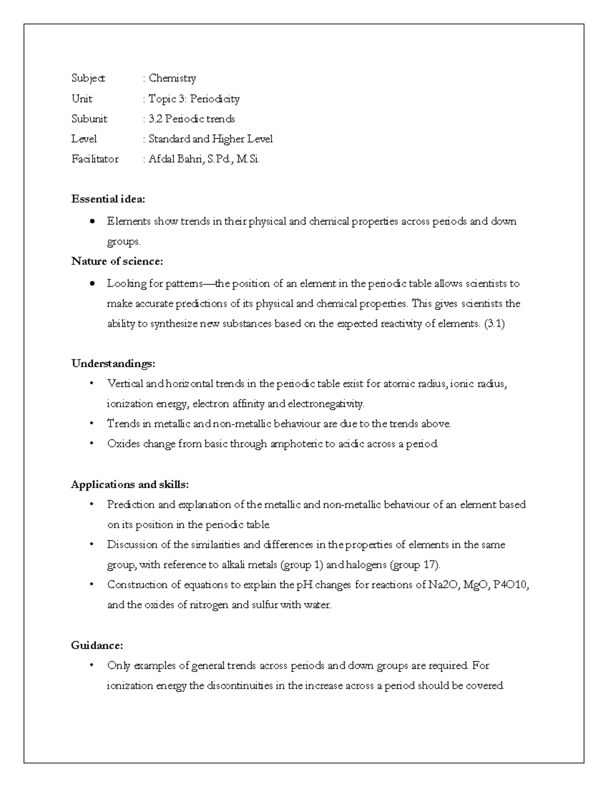 3 - Periodic trends - Subject : Chemistry Unit : Topic 3: Periodicity ...