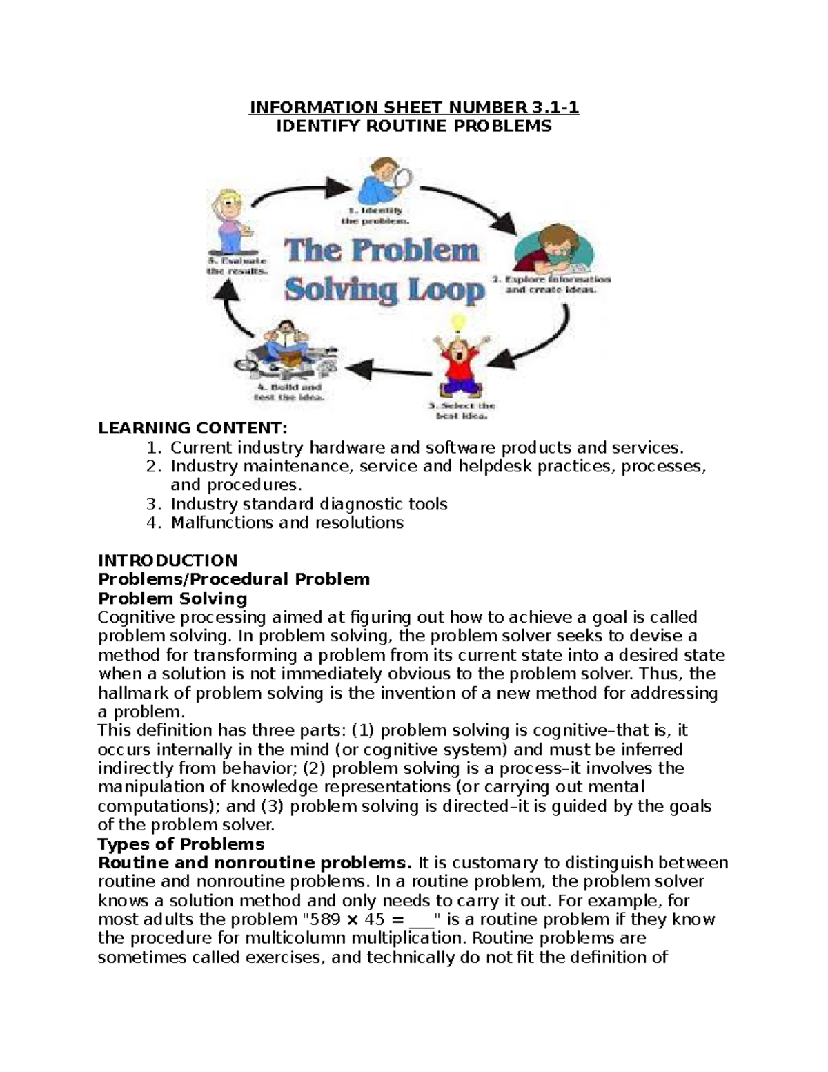 B3 LO1 Identify Routine Problems INFORMATION SHEET NUMBER 3 IDENTIFY