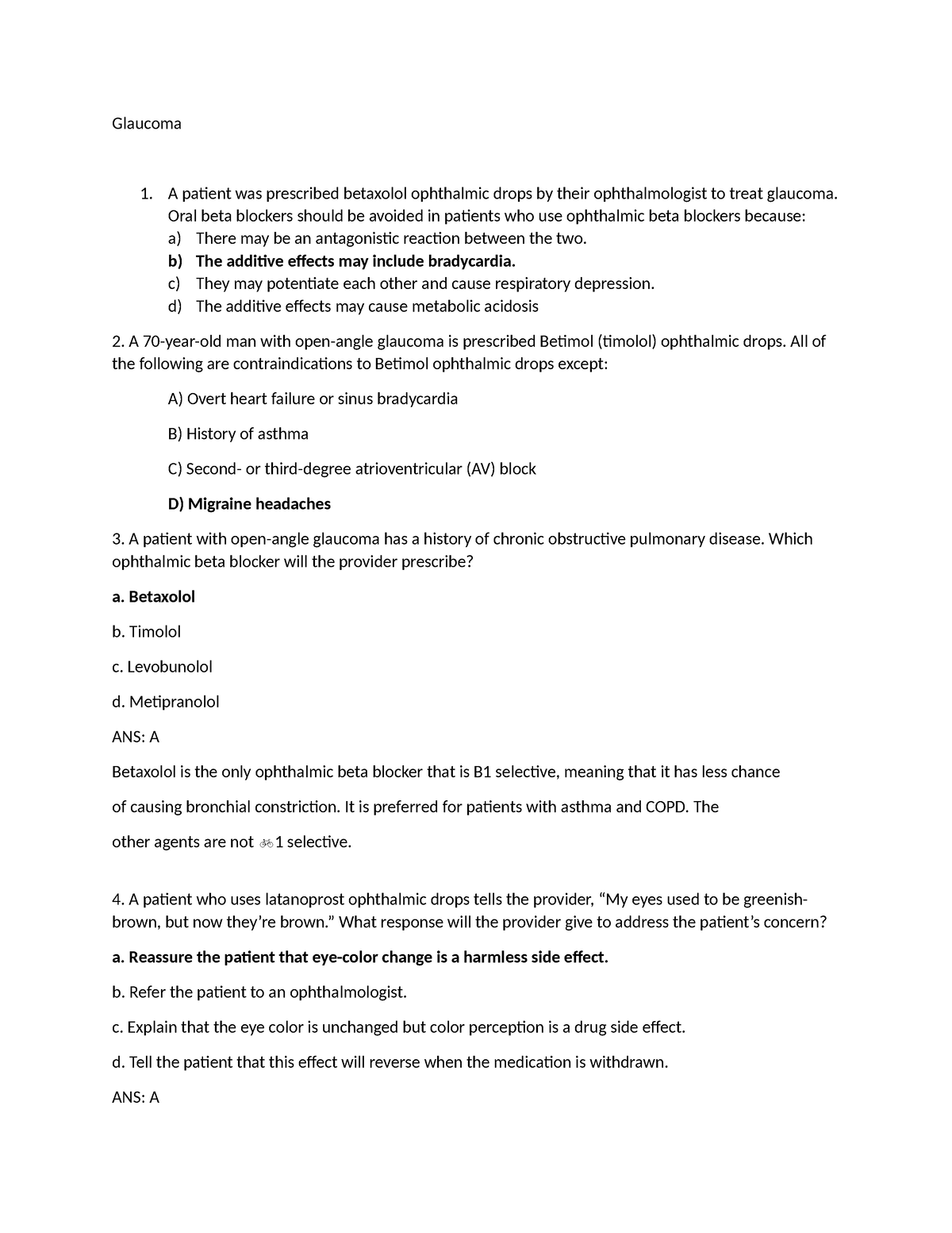 Gluacoma quiz - sample questions - Glaucoma 1. A patient was prescribed ...