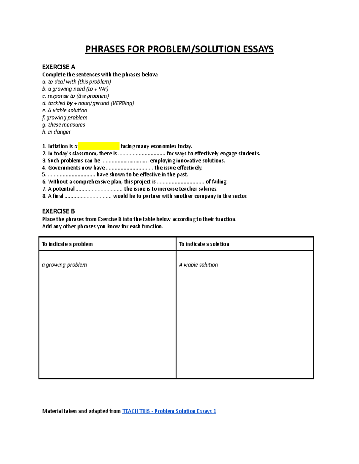 Phrases FOR Problem Solution Essays Room1 - PHRASES FOR PROBLEM ...