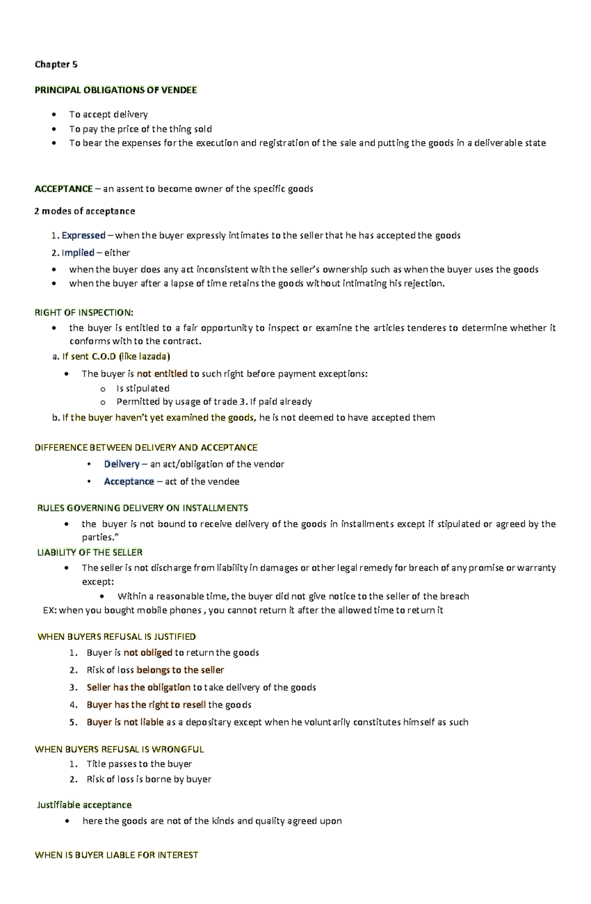 Law on Sales Chapter 59 Chapter 5 PRINCIPAL OBLIGATIONS OF VENDEE To