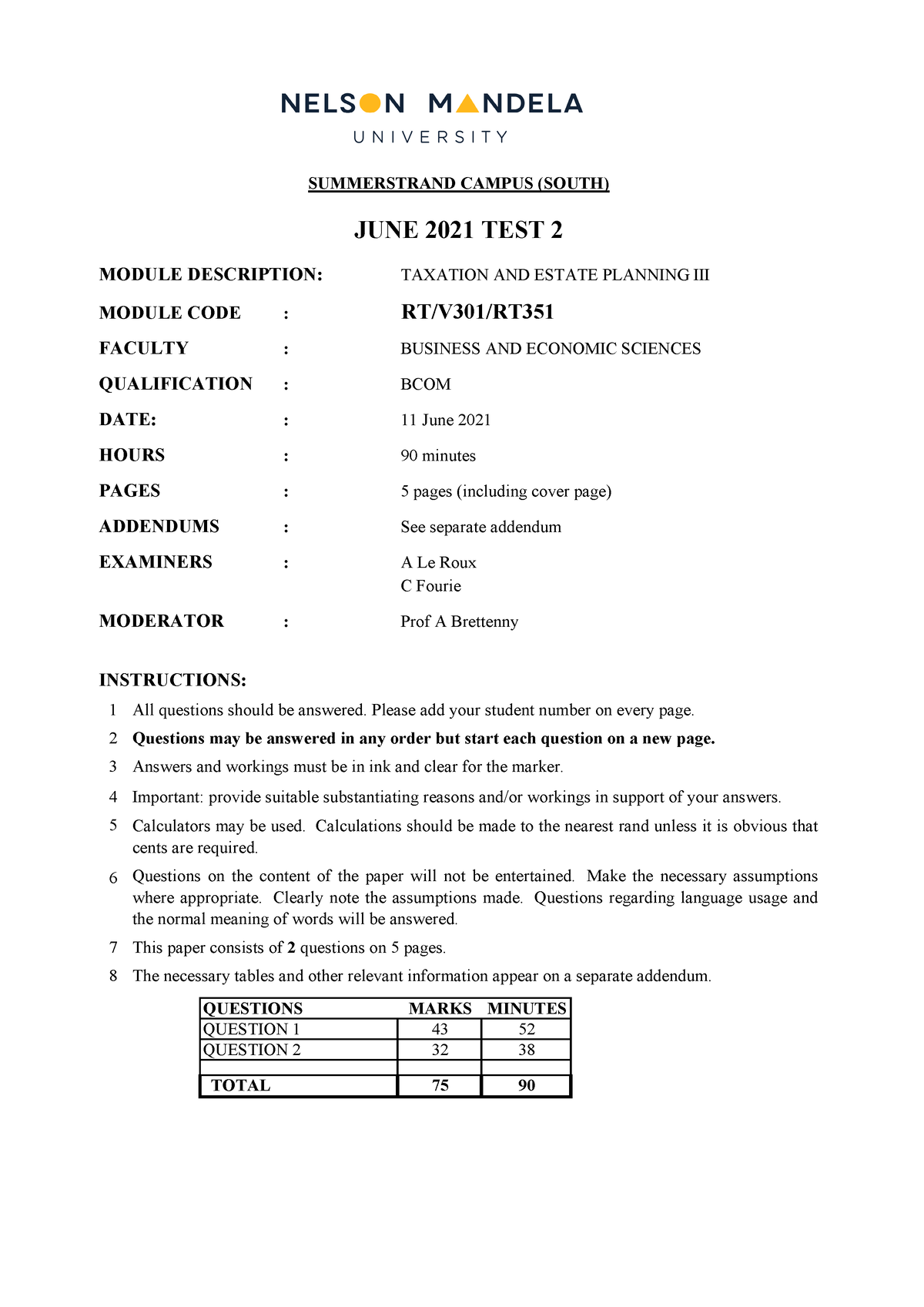 RT RTV301 - TEST 2 - 11 JUNE 2021 - SUMMERSTRAND CAMPUS (SOUTH) JUNE ...