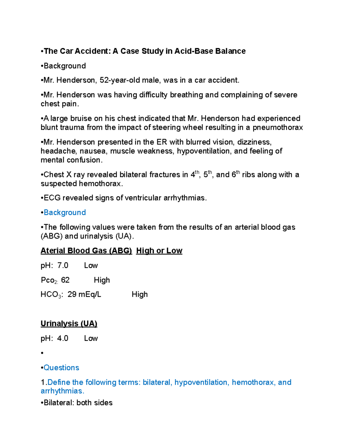 Acid Base Case Study - Professor Lennon - The Car Accident: A Case ...