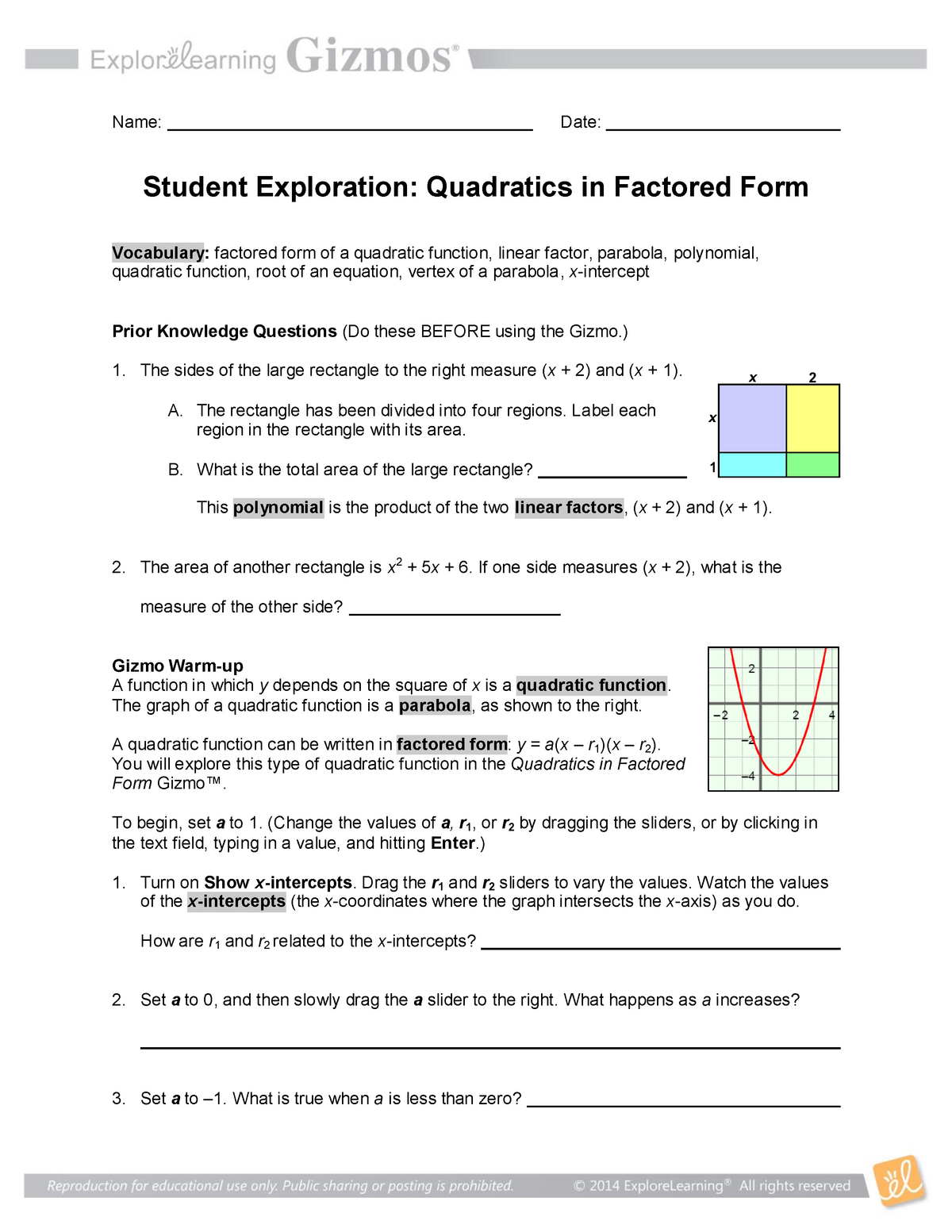 2 15 Gizmo Name Date Student Exploration Quadratics In Factored Form Vocabulary Factored Form Studocu