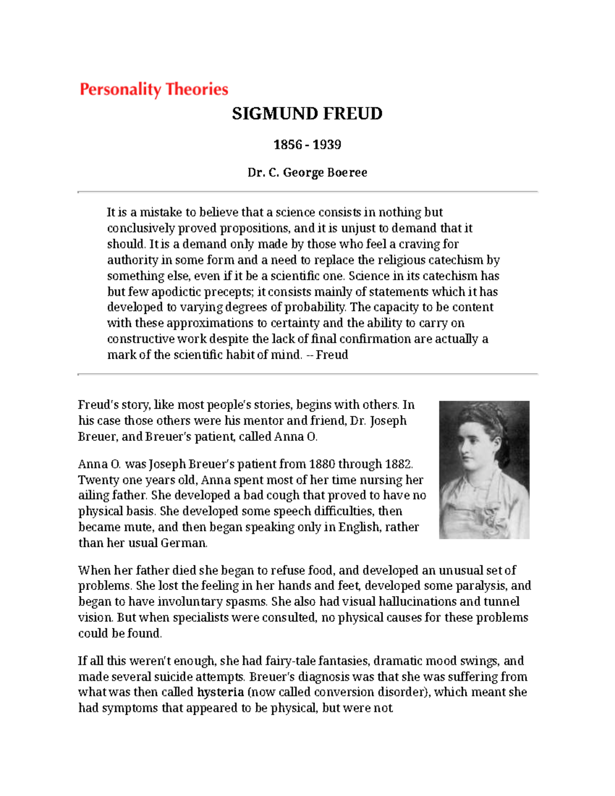 2 Freud - Part of Boeree textbook - SIGMUND FREUD 1856 - 1939 Dr. C ...