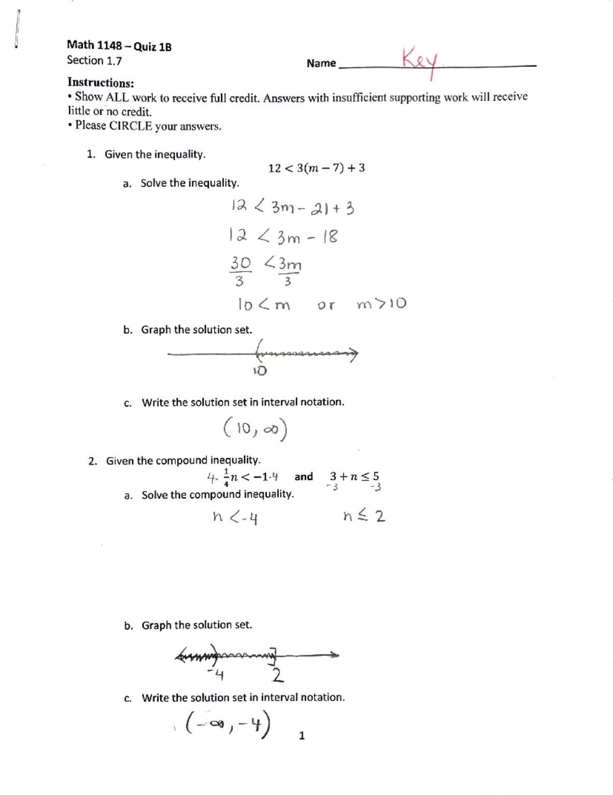 Math Quiz 1B Solutions - Math-1148 - Studocu