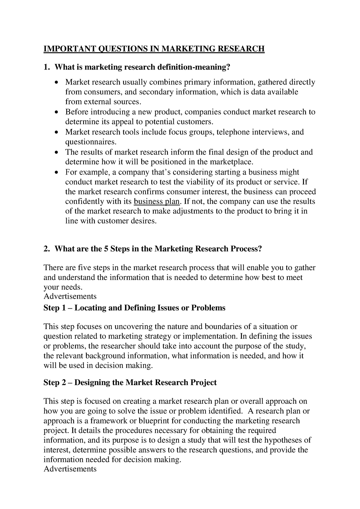 marketing research paper questions