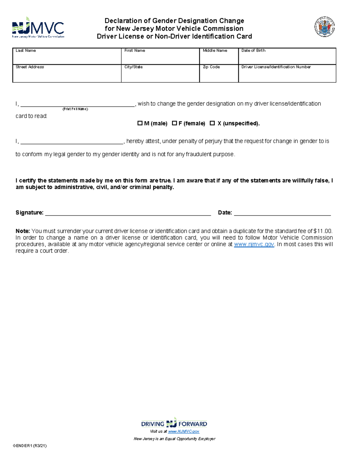 Gender Change Form NJ Declaration of Gender Designation Change for
