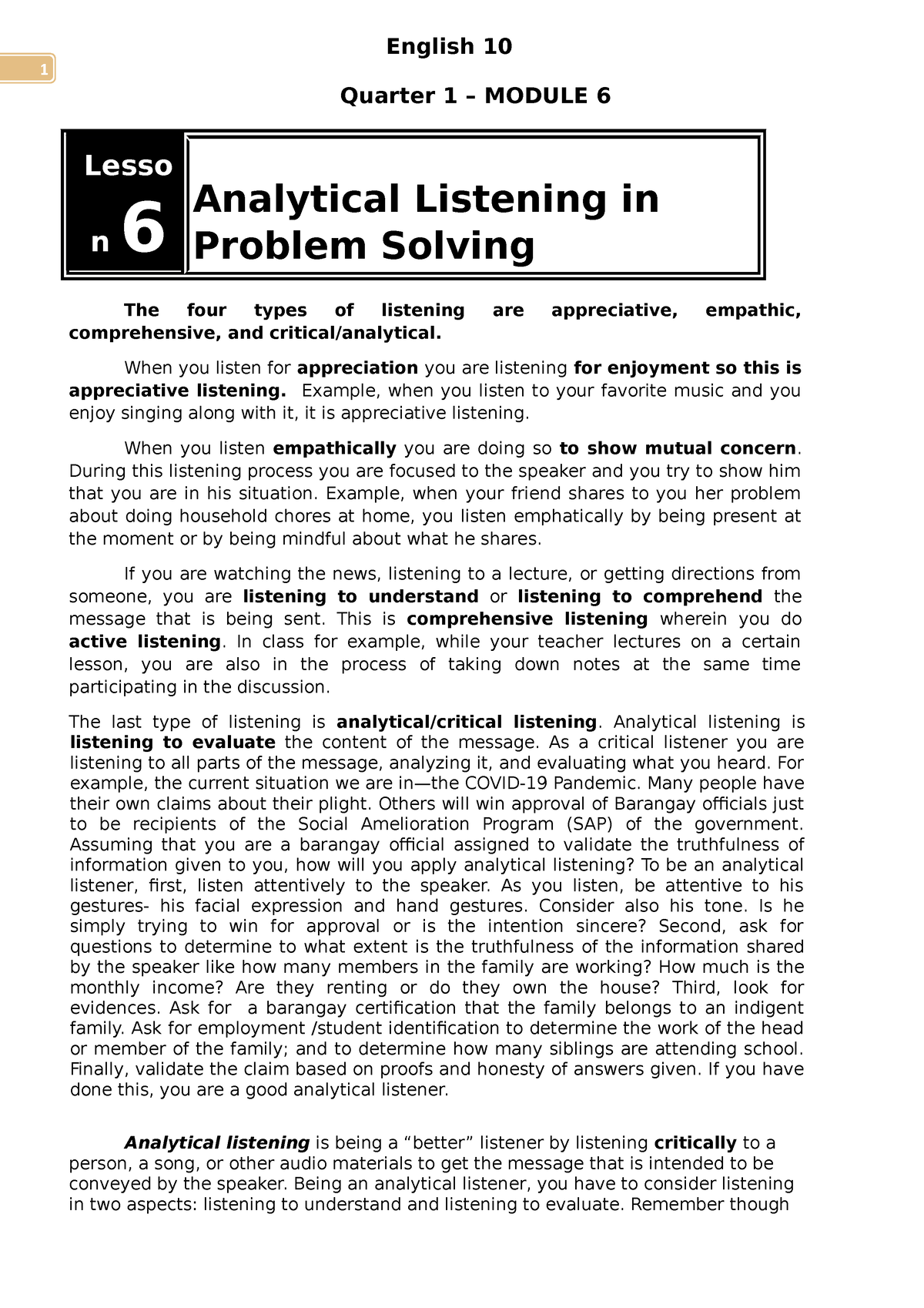 english quarter 1 module 6 analytical listening in problem solving