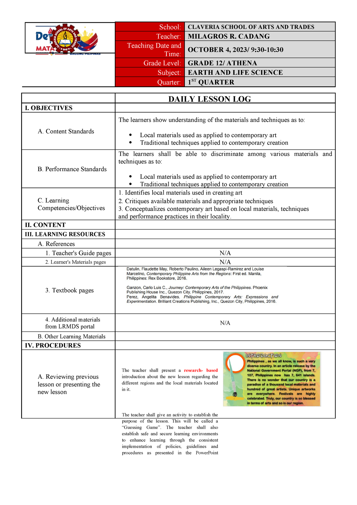 DLL-COT-1 - AUTOMOTIVE SERVICING 1 - School: CLAVERIA SCHOOL OF ARTS ...