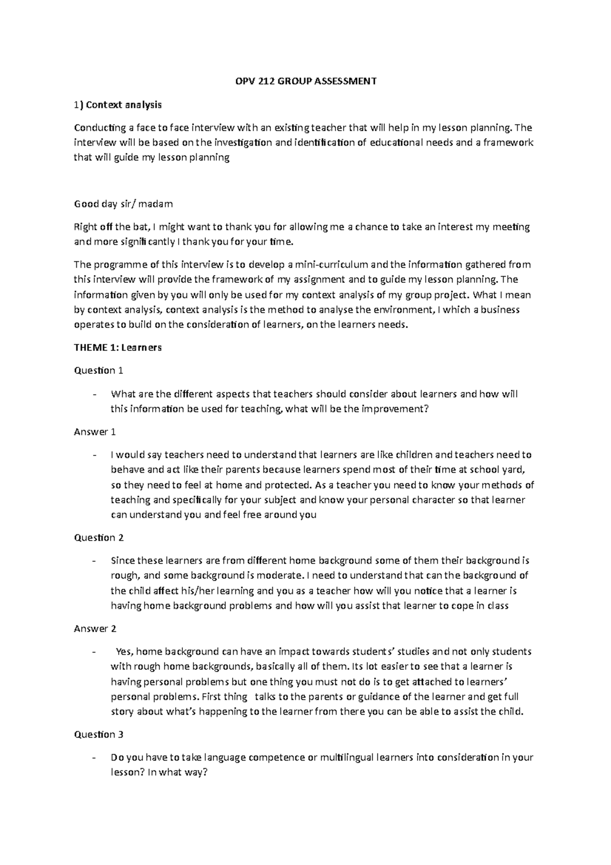 OPV 212 Group Assessment 2 - OPV 212 GROUP ASSESSMENT 1 ) Context ...