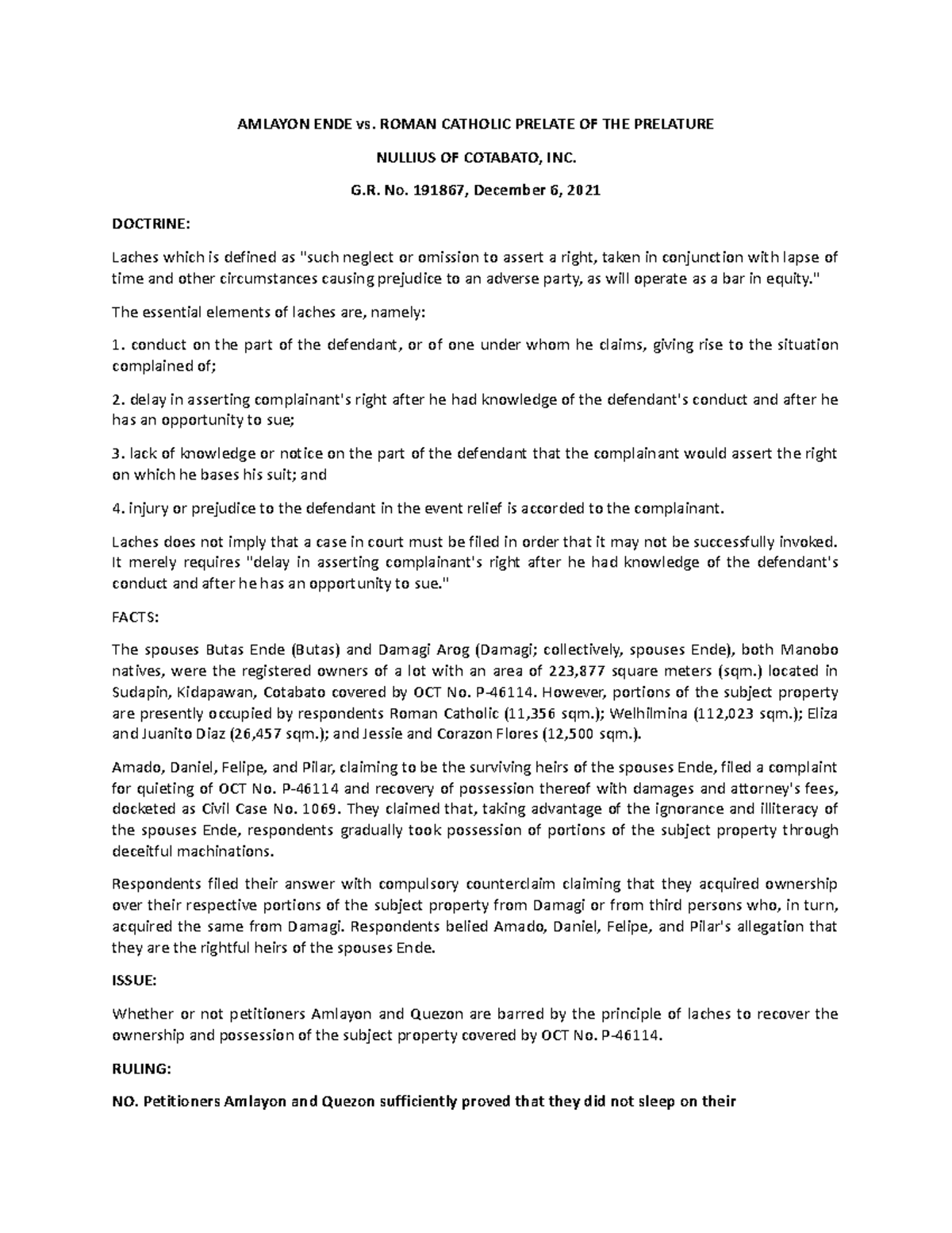 Civil LAW CASE Digest 11 AMLAYON ENDE vs. ROMAN CATHOLIC PRELATE OF