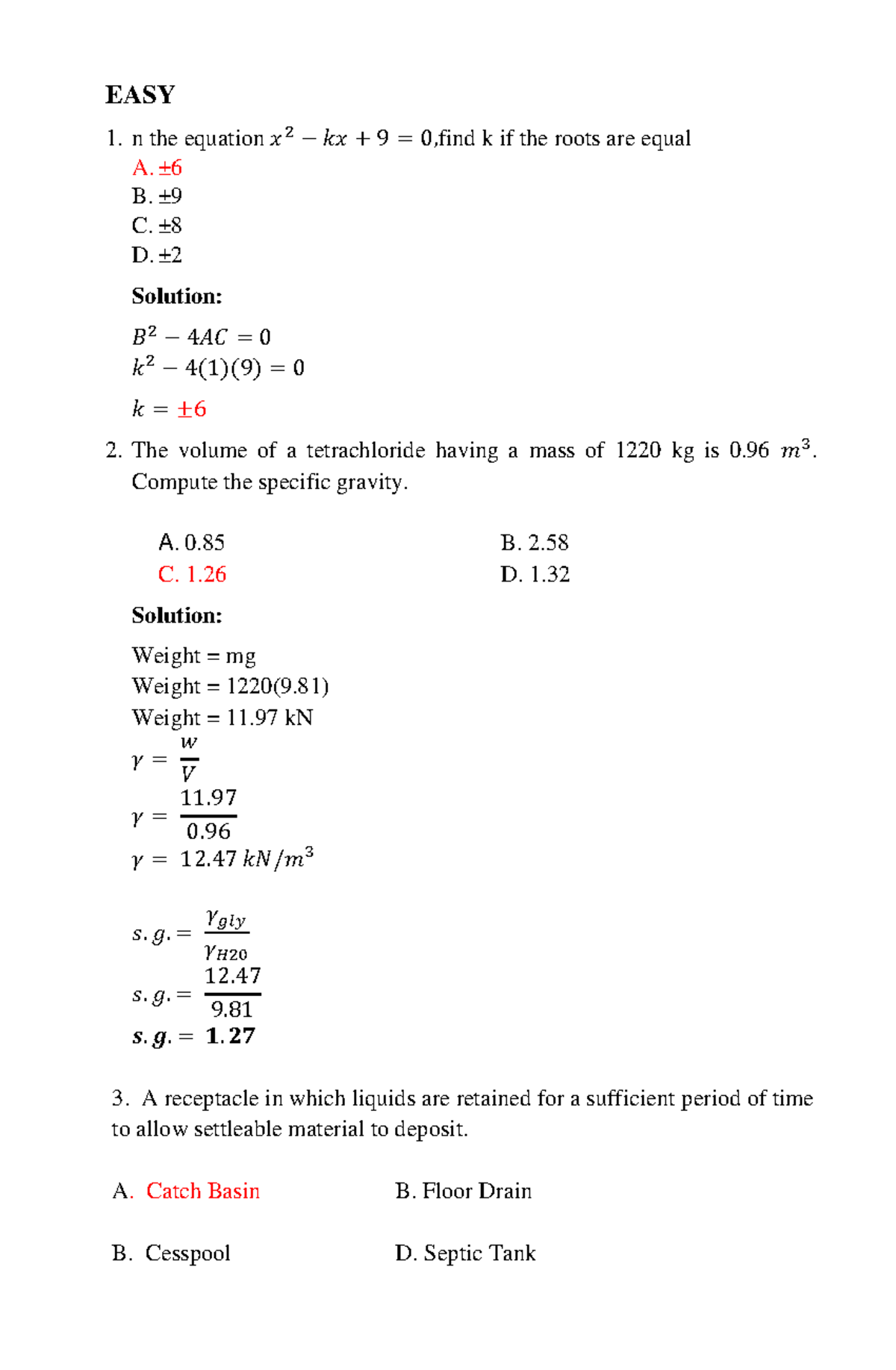QUIZ BOWL Questions and Solutions EASY n the equation 𝑥 2 − 𝑘𝑥 + 9