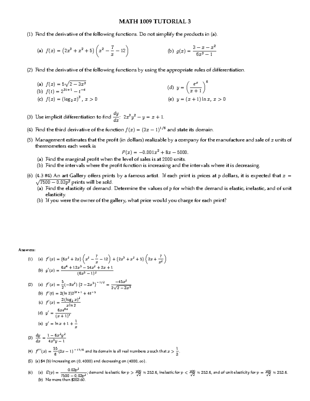 MATH1009 - Tutorial 03 - W2017 - MATH 1009 TUTORIAL 3 (1) Find the ...