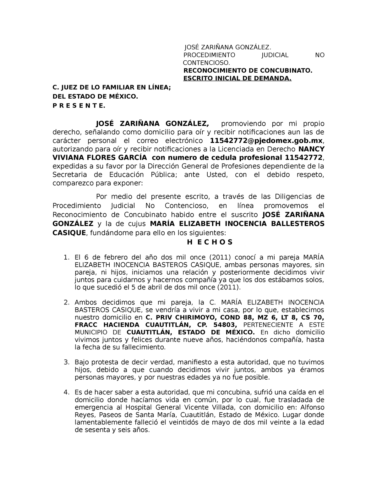 DEMANDA DE CONCUBINATO - JOSÉ ZARIÑANA GONZÁLEZ. PROCEDIMIENTO JUDICIAL ...