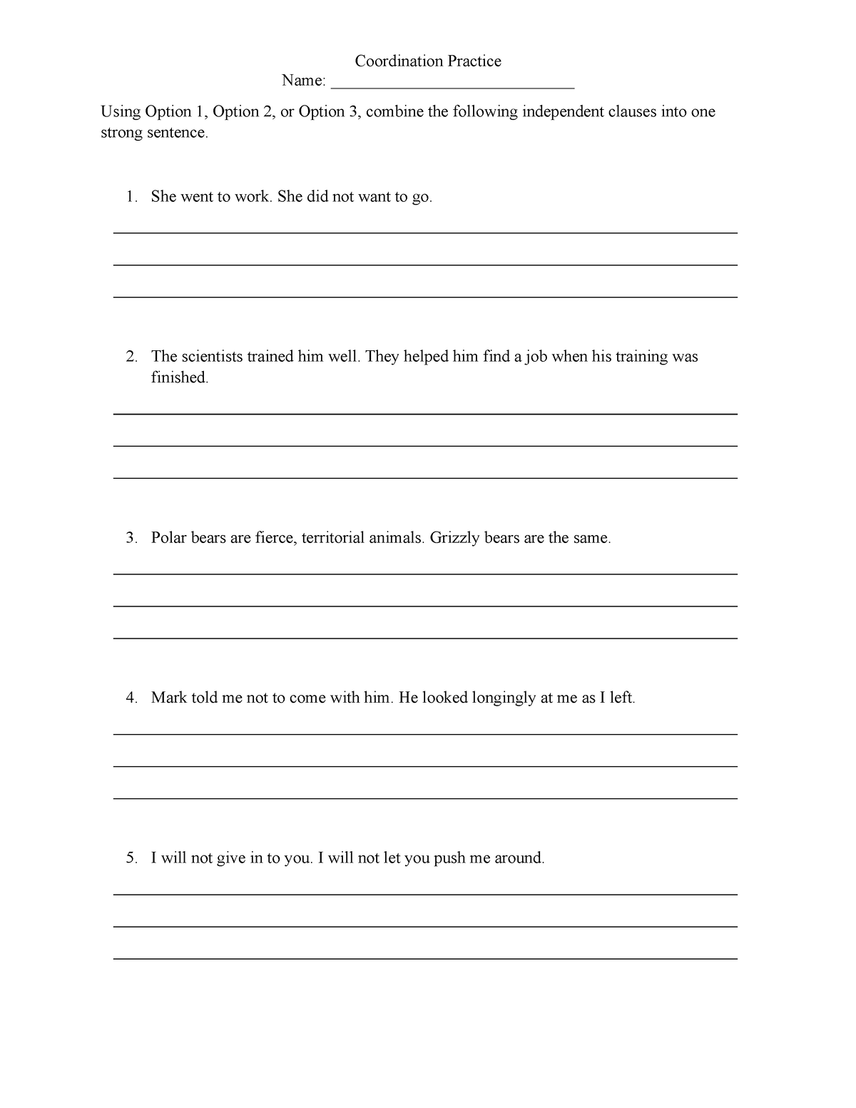 Coordination Practice Worksheet - Using Option 1, Option 2, or Option 3 ...